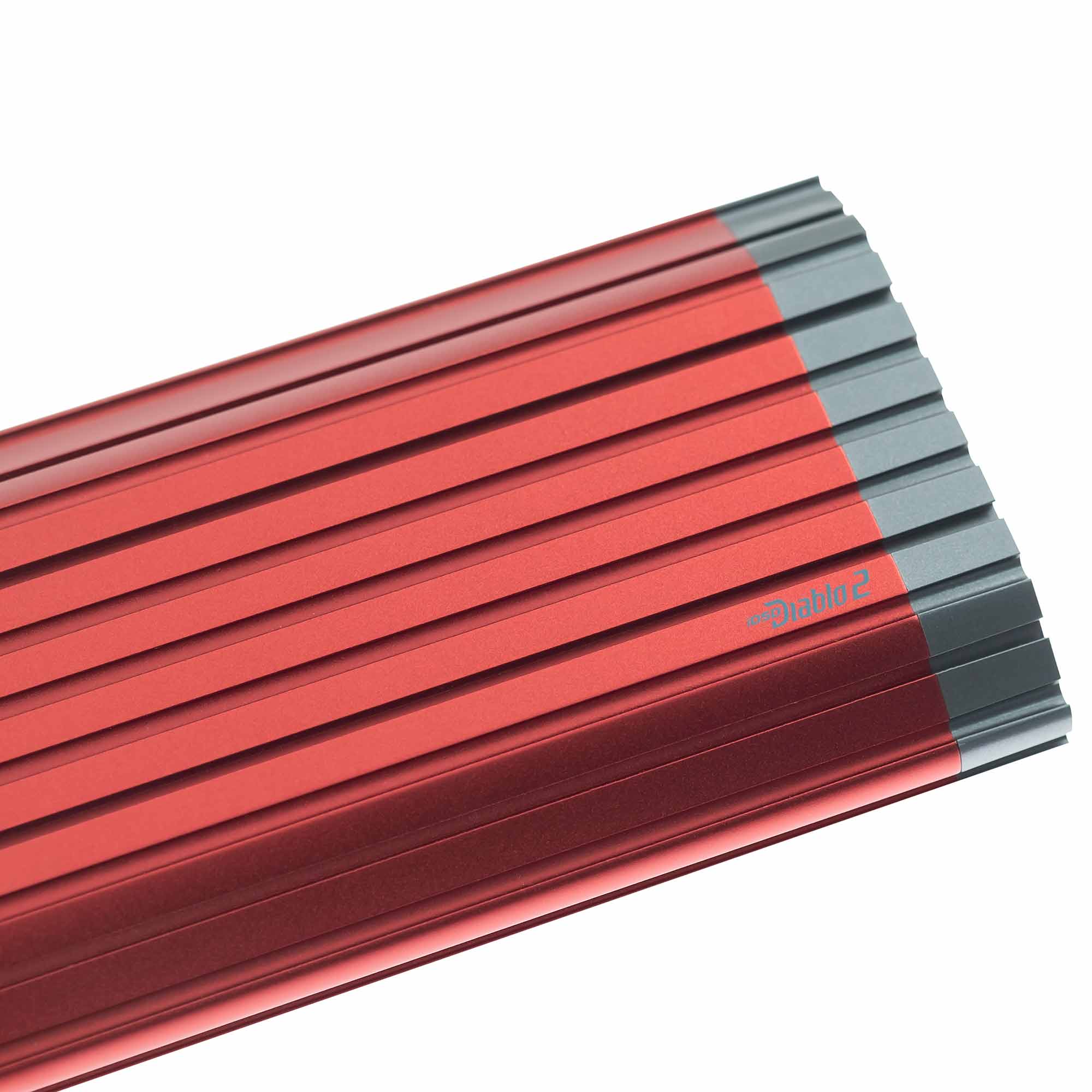 Close-up of iFi Audio iDSD Diablo 2 Transportable DAC/Amp in red with ridged design and subtle logo on white background