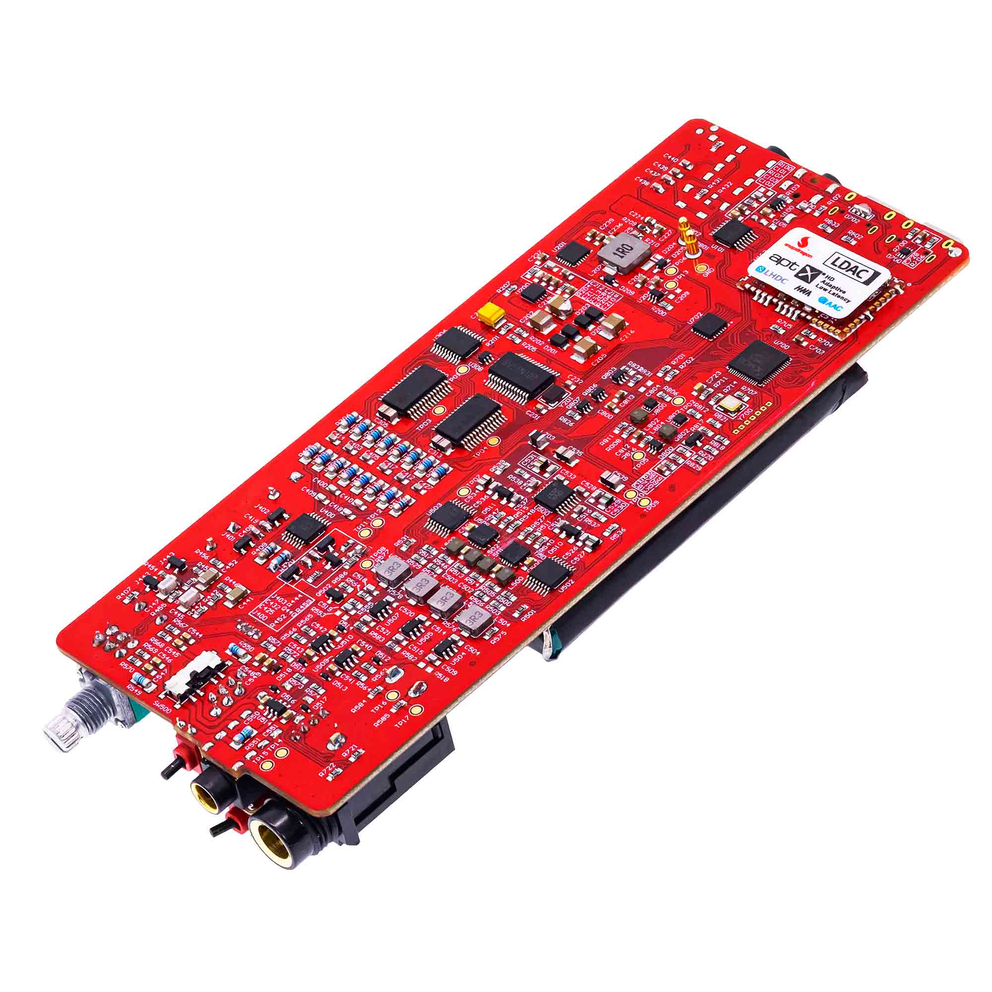 Close-up of the iFi Audio iDSD Diablo 2 Transportable DAC/Amp red circuit board with electronic components on white background