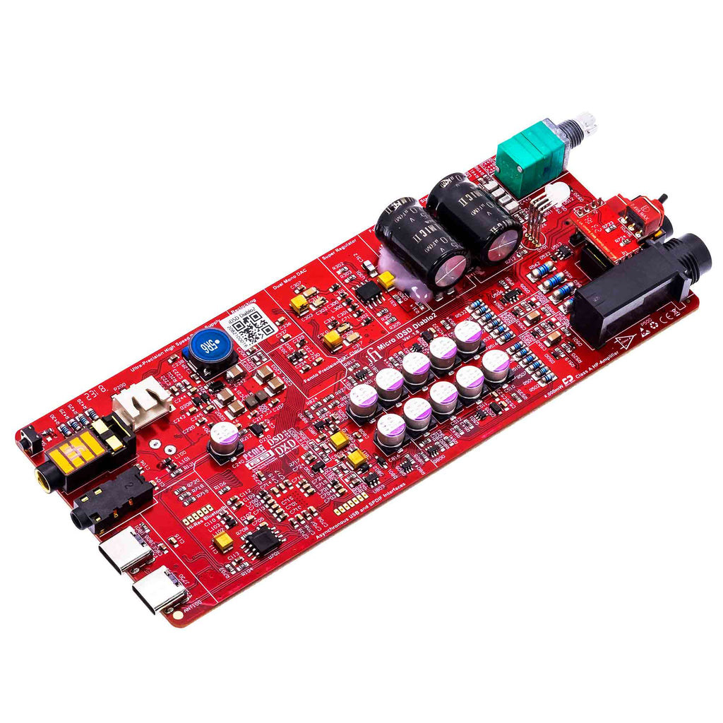 Close-up of the red circuit board inside the iFi Audio iDSD Diablo 2 Transportable DAC/Amp showing capacitors and connectors