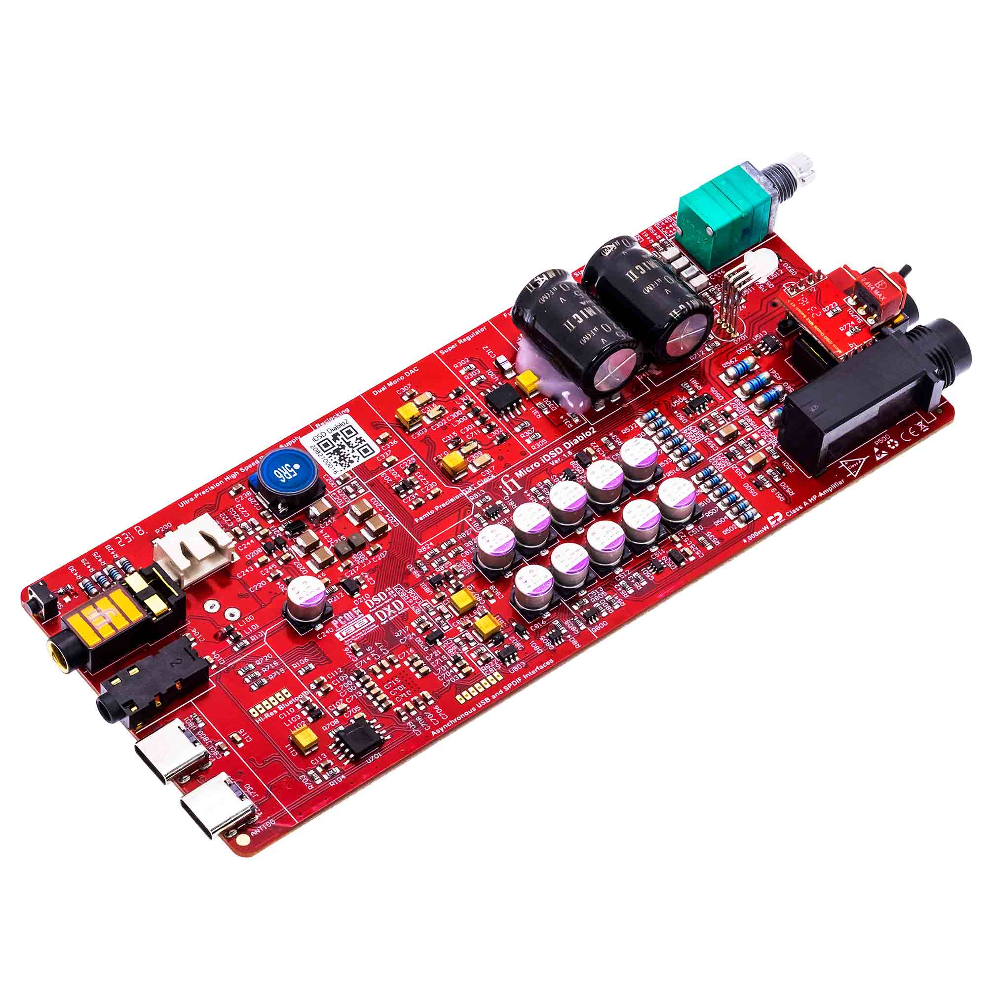 Close-up of the red circuit board inside the iFi Audio iDSD Diablo 2 Transportable DAC/Amp showing capacitors and connectors