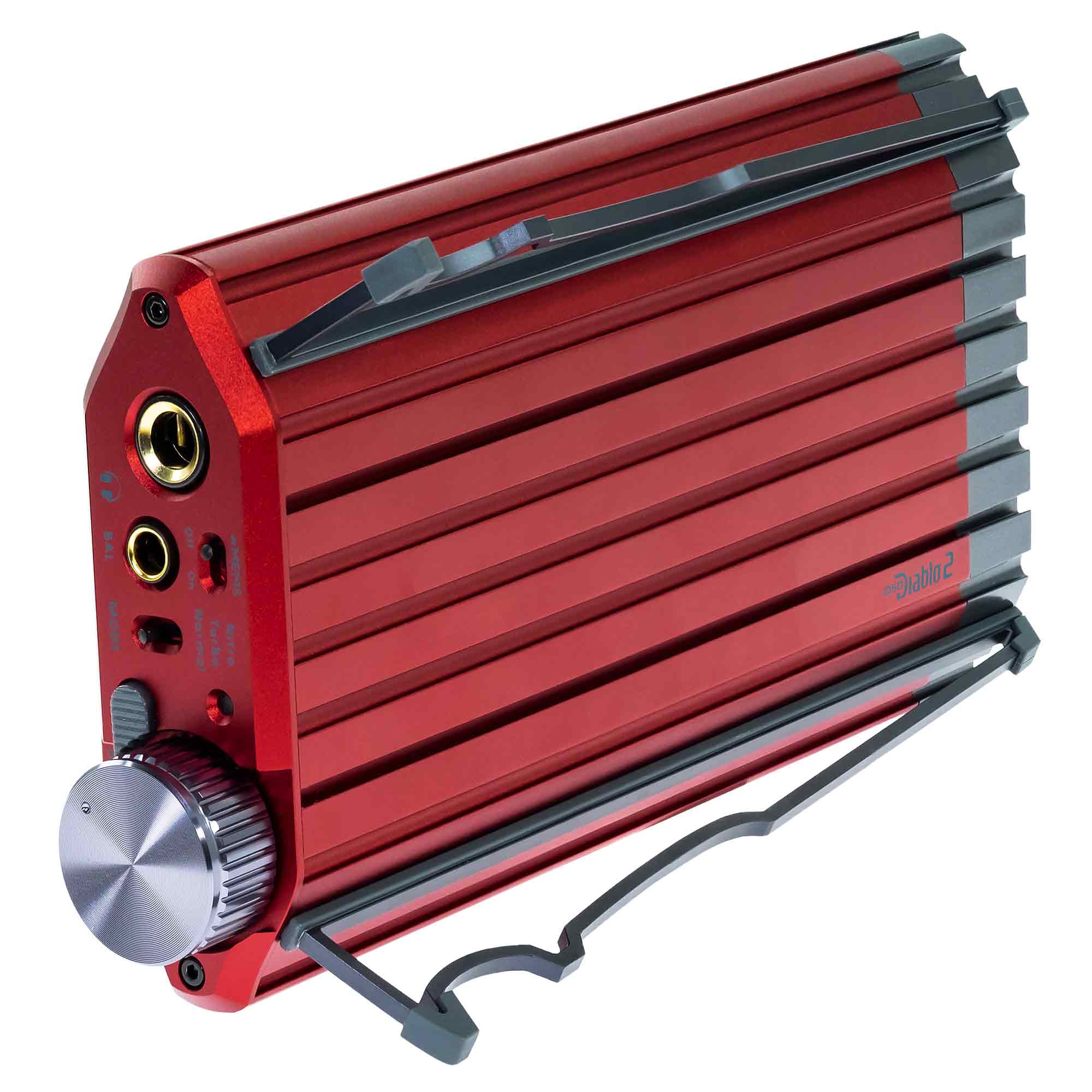 iFi Audio iDSD Diablo 2 Transportable DAC/Amp in red with volume knob and multiple input ports on white background