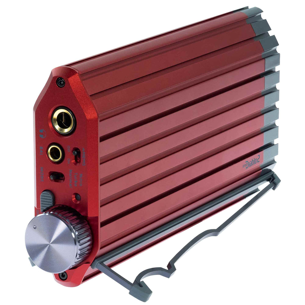 iFi Audio iDSD Diablo 2 Transportable DAC/Amp in red with volume knob and headphone jacks on white background