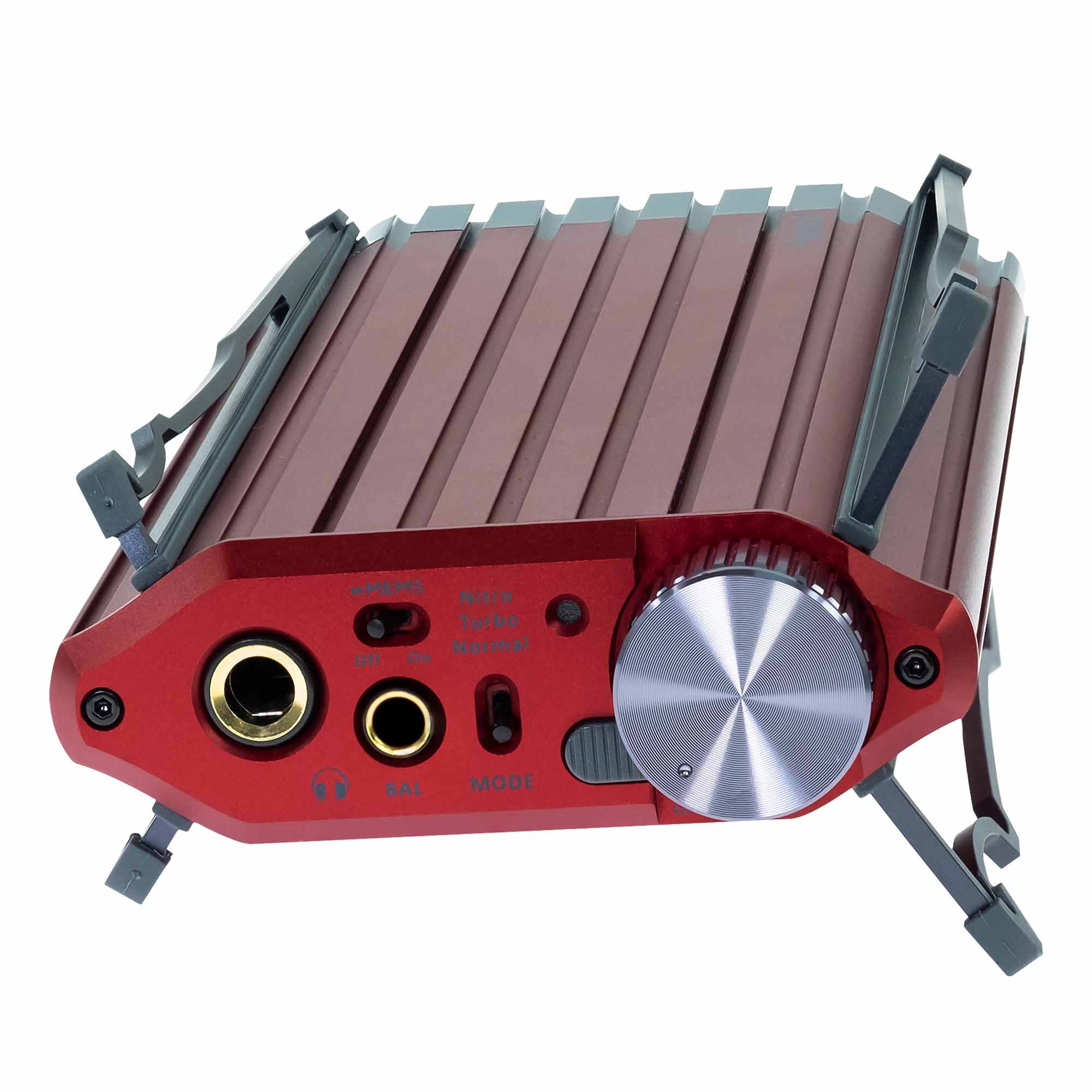 iFi Audio iDSD Diablo 2 Transportable DAC/Amp in red showing headphone jacks, mode switches, and volume dial on white background