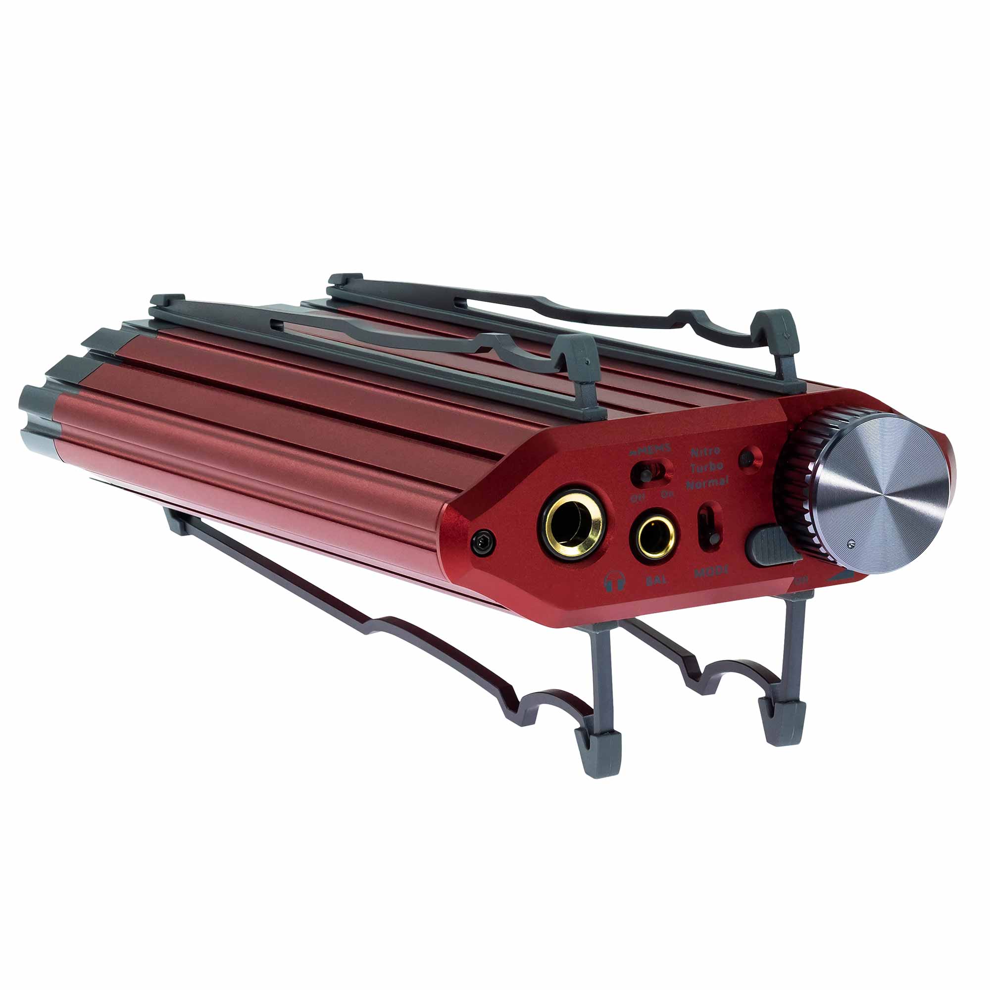 iFi Audio iDSD Diablo 2 Transportable DAC/Amp in red with headphone jacks and volume knob on metal stand