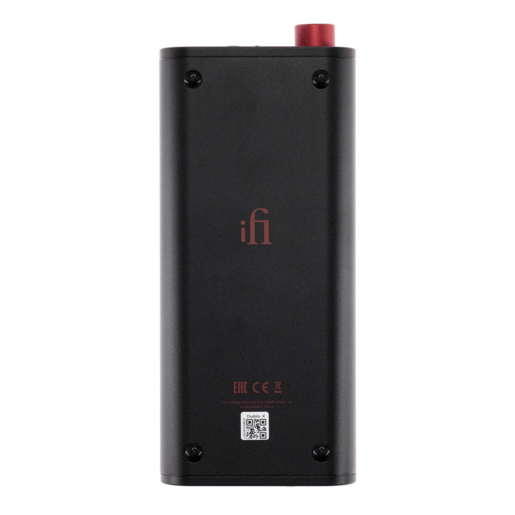 Top view of the iFi Audio iDSD Diablo-X Transportable DAC/Amp showing black chassis and red volume knob on white background
