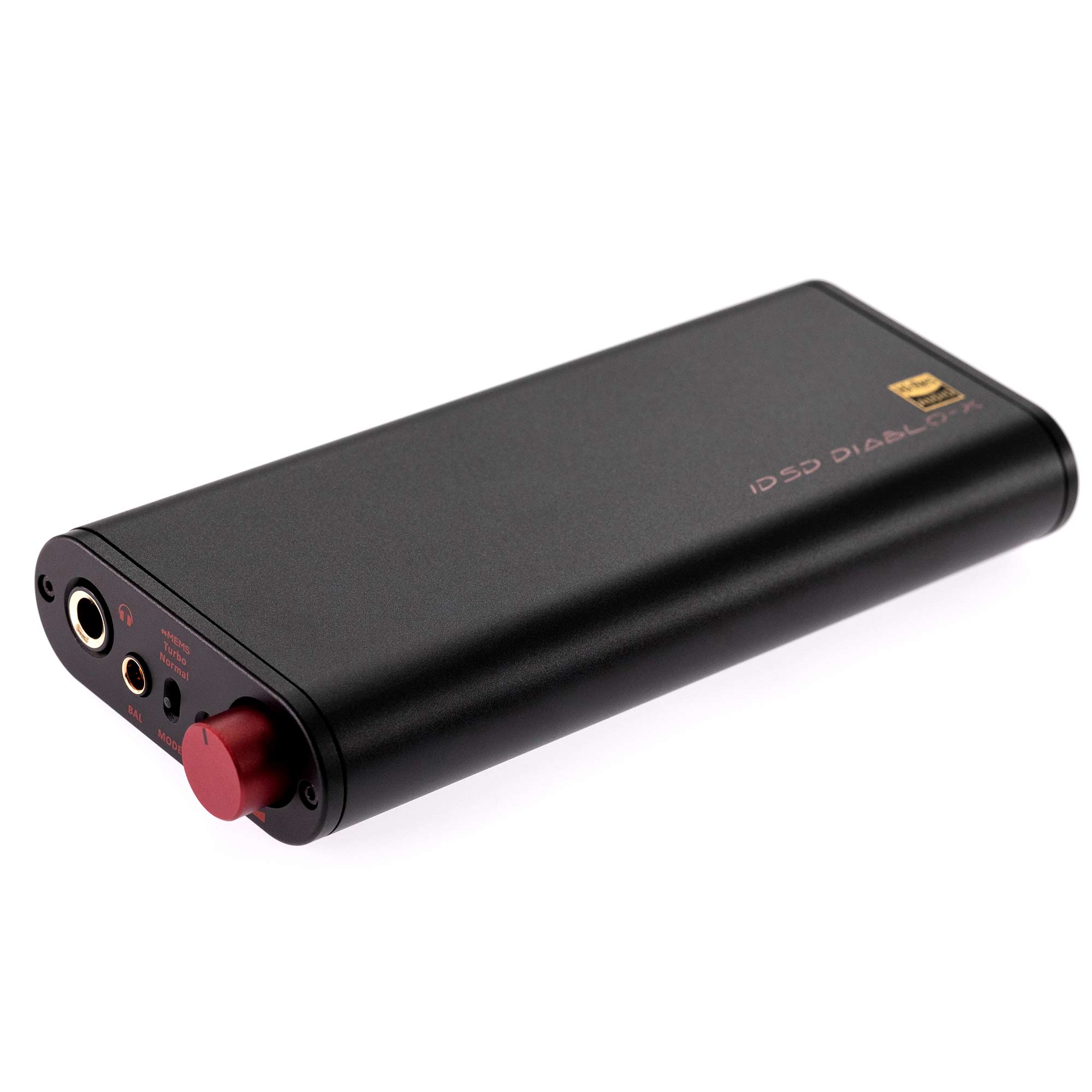 iFi Audio iDSD Diablo-X Transportable DAC/Amp with black matte finish and red volume knob on white background
