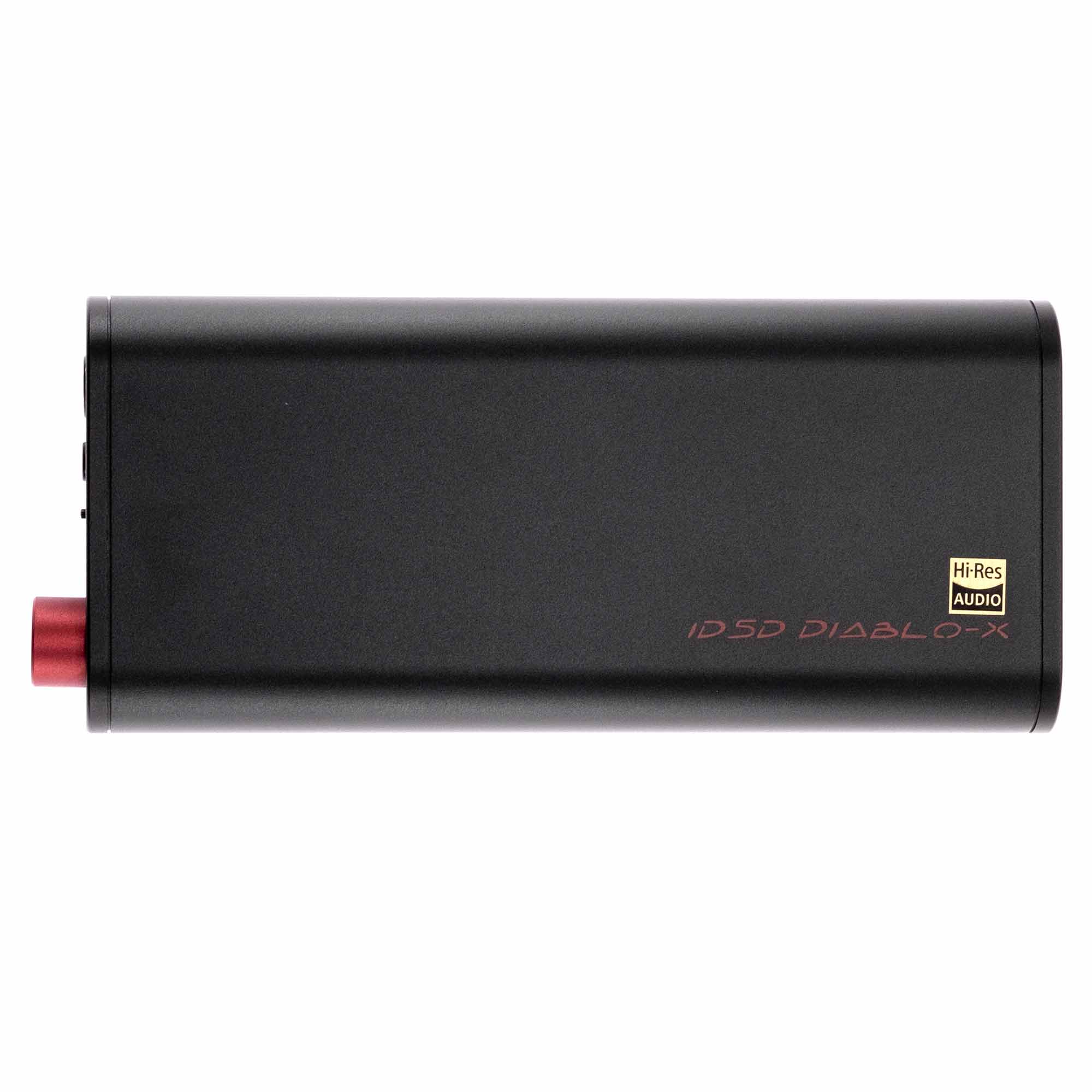 Top view of iFi Audio iDSD Diablo-X Transportable DAC/Amp with black finish and red volume knob on white background
