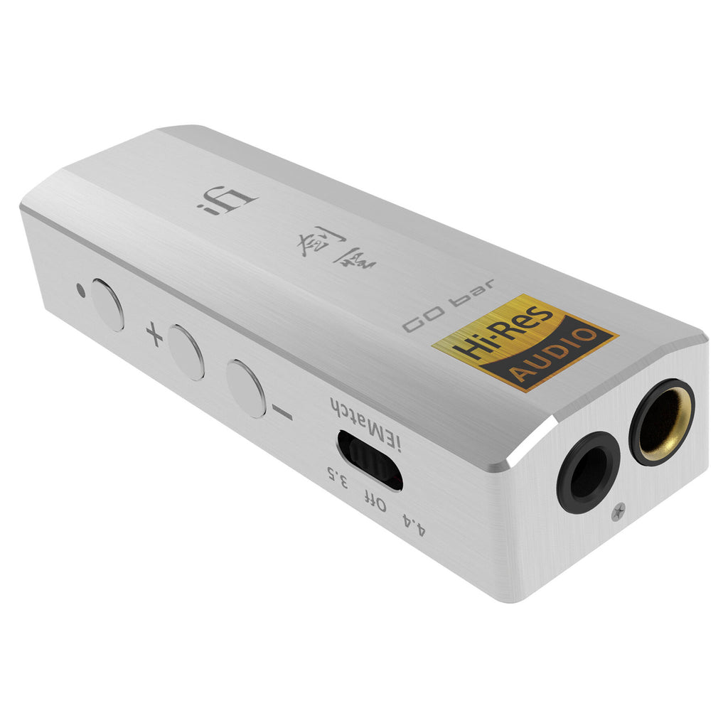 iFi Audio GO bar KENSEI Special Edition USB DAC/Amp in silver with control buttons and headphone outputs close-up