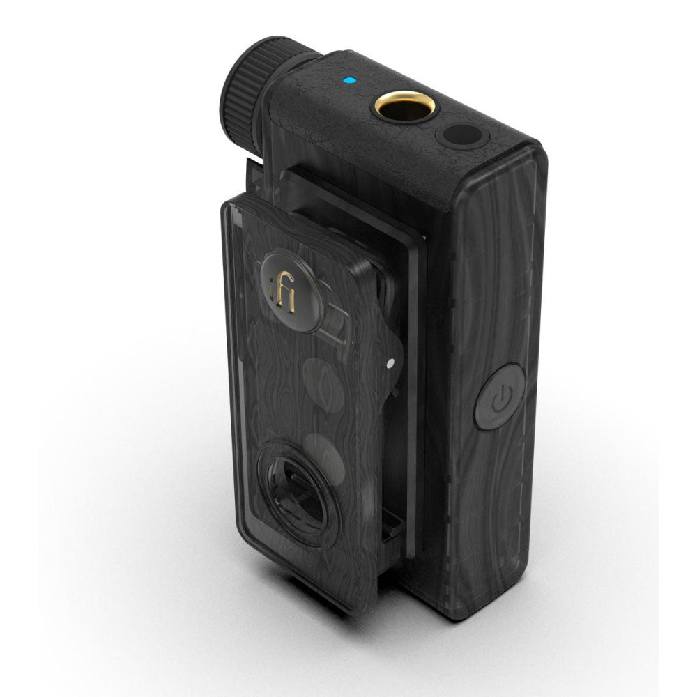 iFi Audio GO blu Air Pocket BT DAC/Amp in black with gold headphone jack and volume control knob close-up view