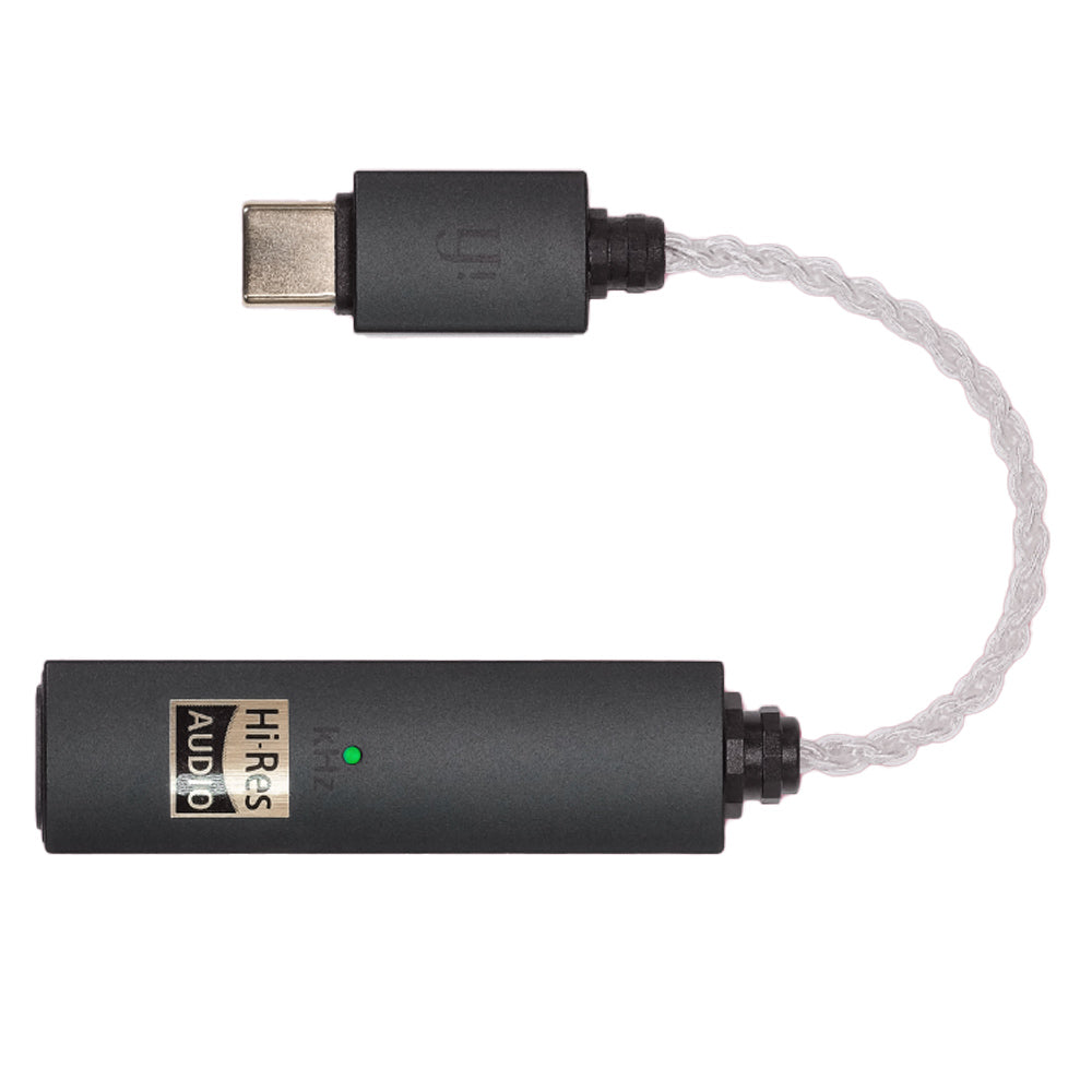 Top view of iFi Audio GO link MAX USB DAC/Amp with braided cable and Hi-Res Audio label on white background