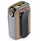 iFi Audio GO blu Case in brown and gray with black clip holding the device securely from the side view