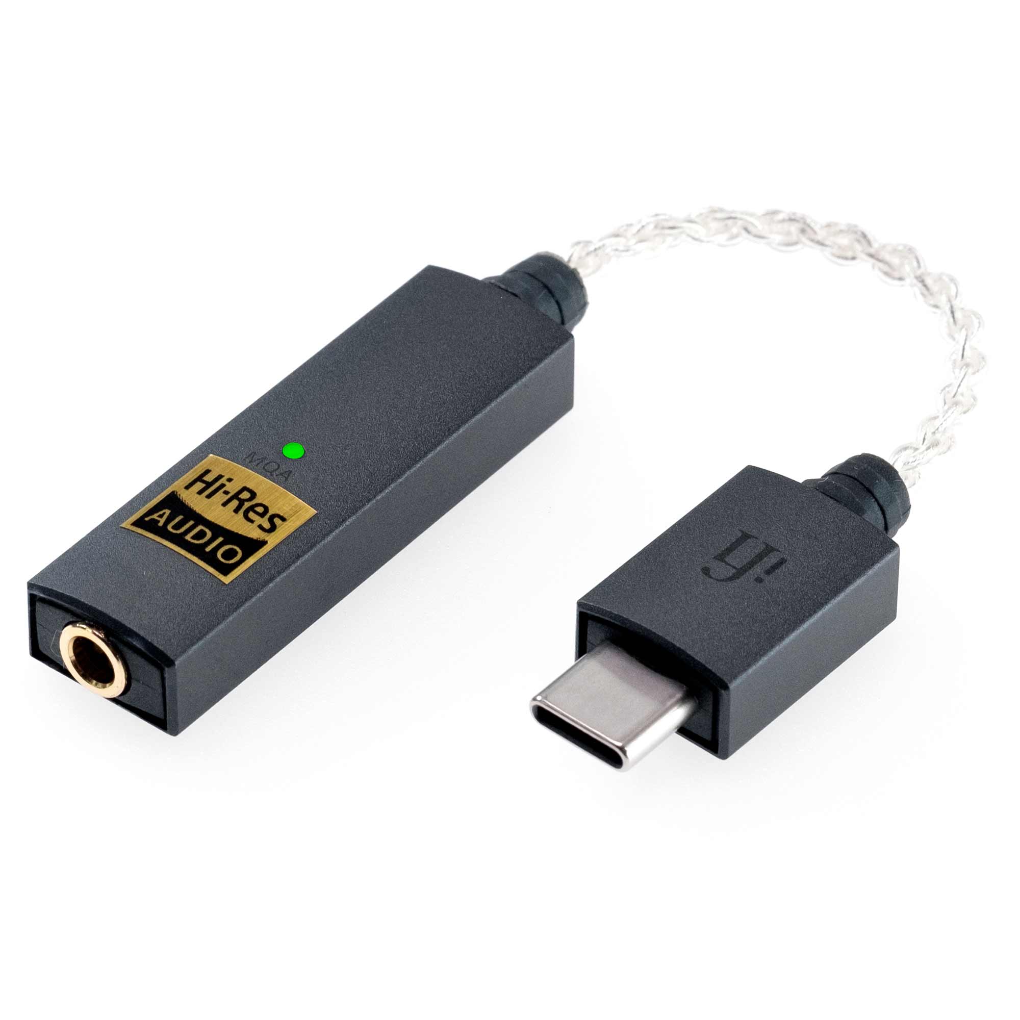 iFi Audio GO link USB-C to 3.5mm portable DAC amplifier with braided cable and Hi-Res Audio logo on white background