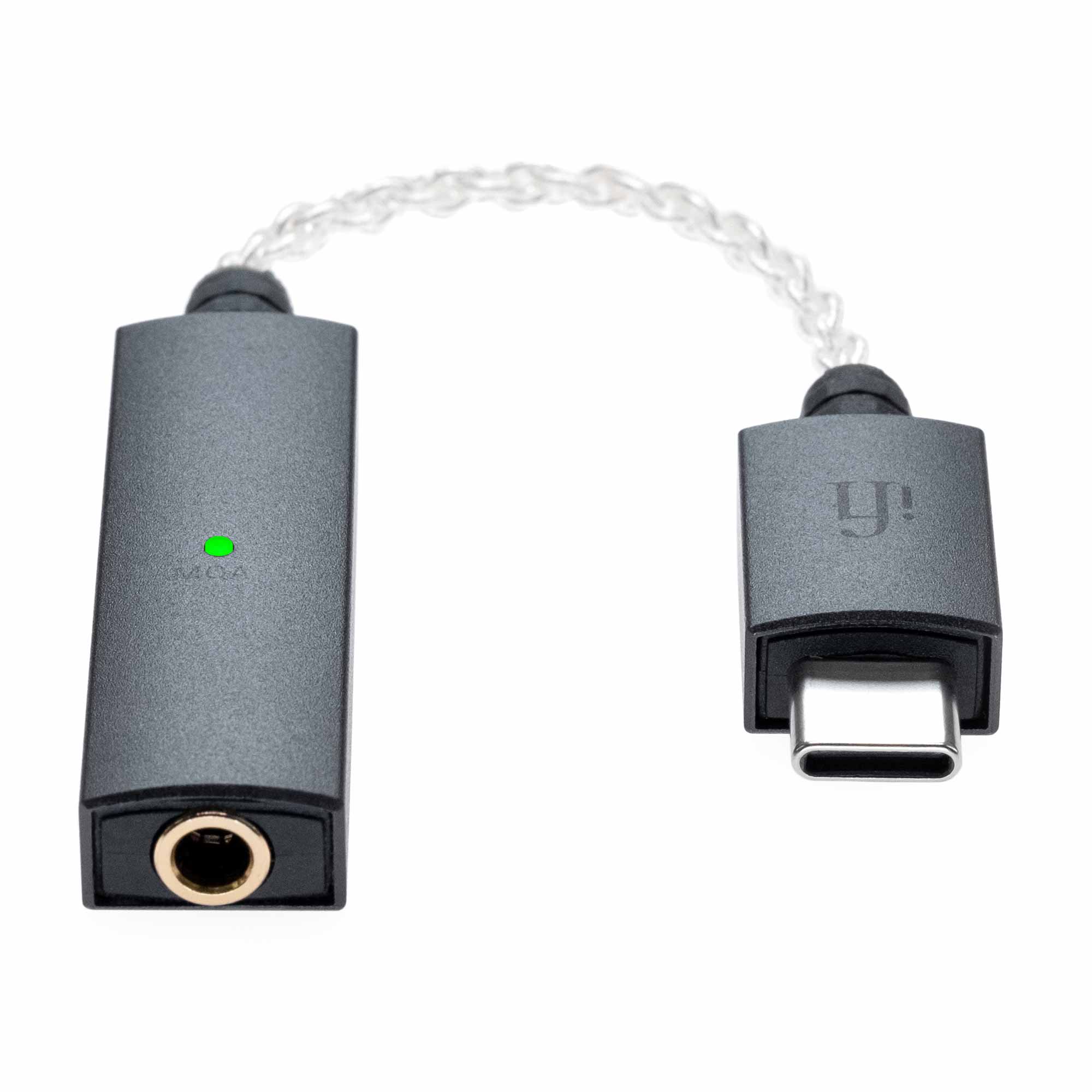 iFi Audio GO link USB-C to 3.5mm adapter with LED indicator on white background close-up view