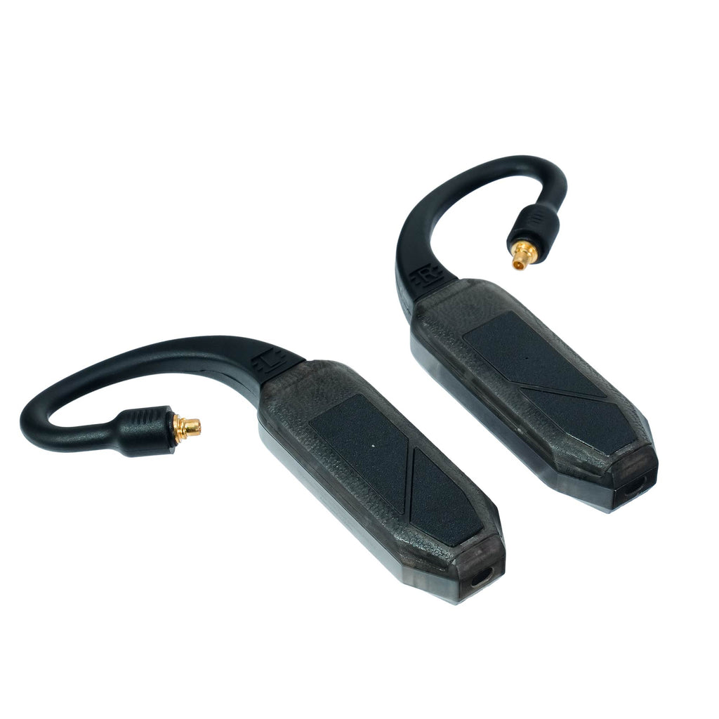 iFi Audio GO Pod Air Wearable Bluetooth DAC/Amp pair with black curved cables and gold connectors on white background