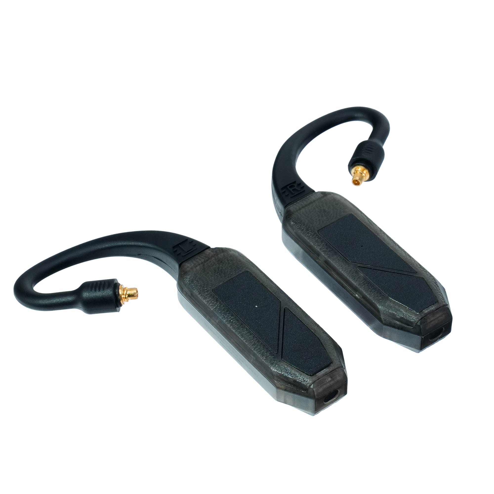 iFi Audio GO Pod Air Wearable Bluetooth DAC/Amp pair with black curved cables and gold connectors on white background