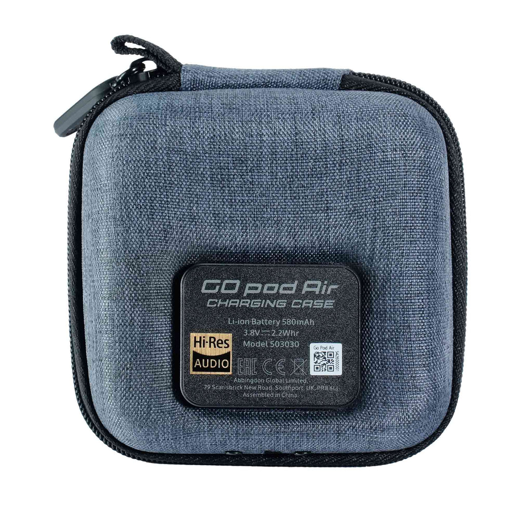 iFi Audio GO Pod Air Wearable Bluetooth DAC/Amp charging case with Hi-Res Audio label on white background