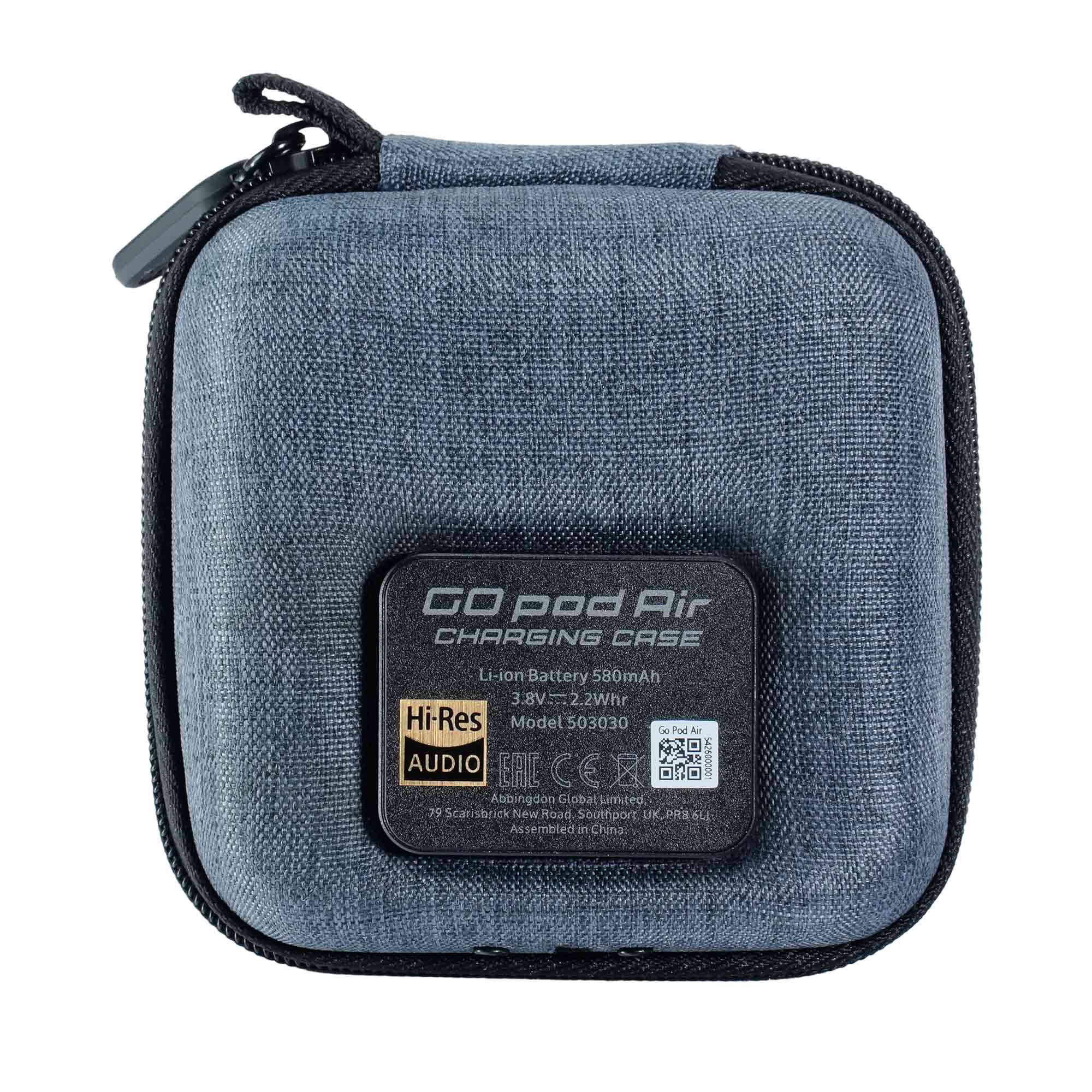 iFi Audio GO Pod Air Wearable Bluetooth DAC/Amp charging case with Hi-Res Audio label on white background