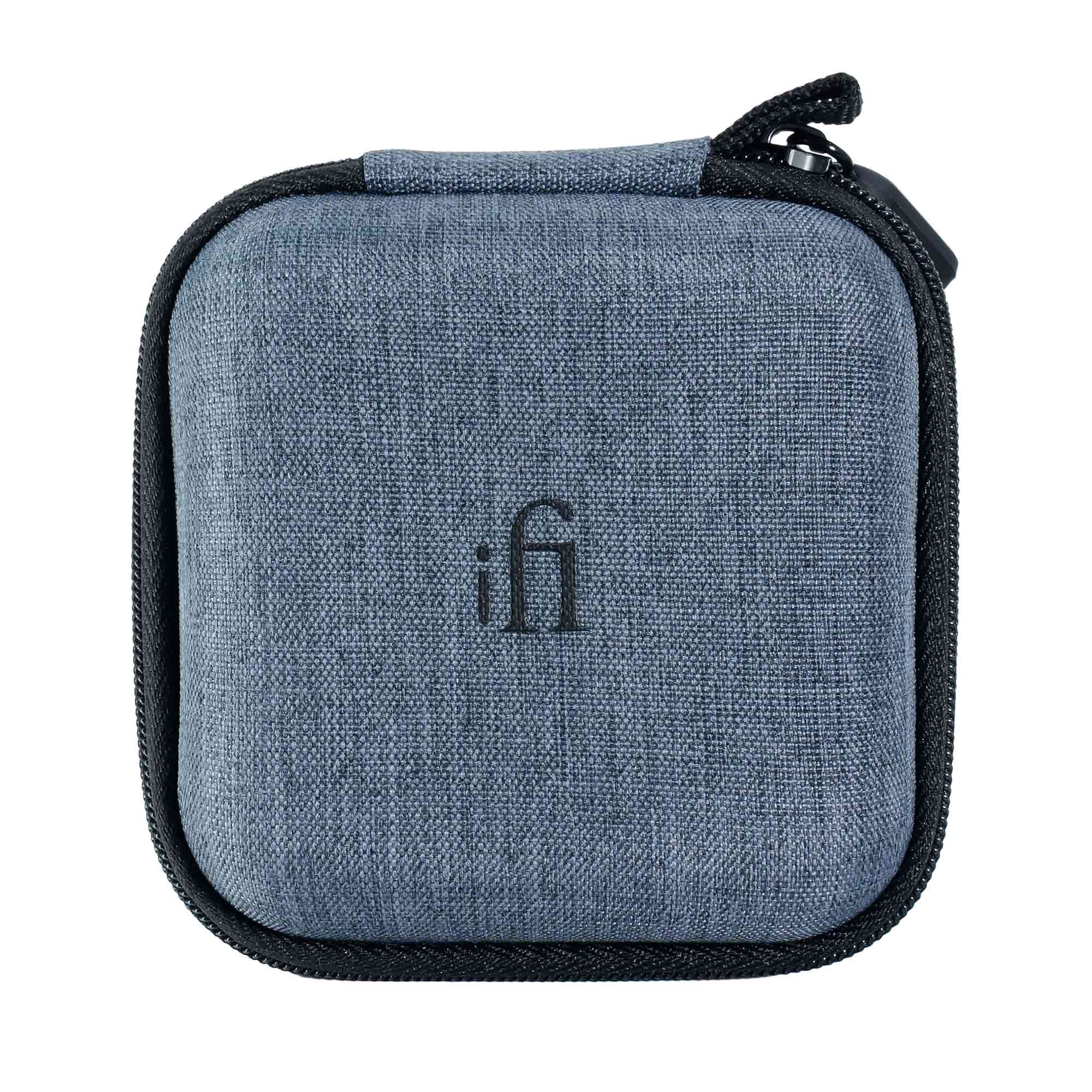 iFi Audio GO Pod Air Wearable Bluetooth DAC/Amp protective gray fabric carrying case with zipper on white background
