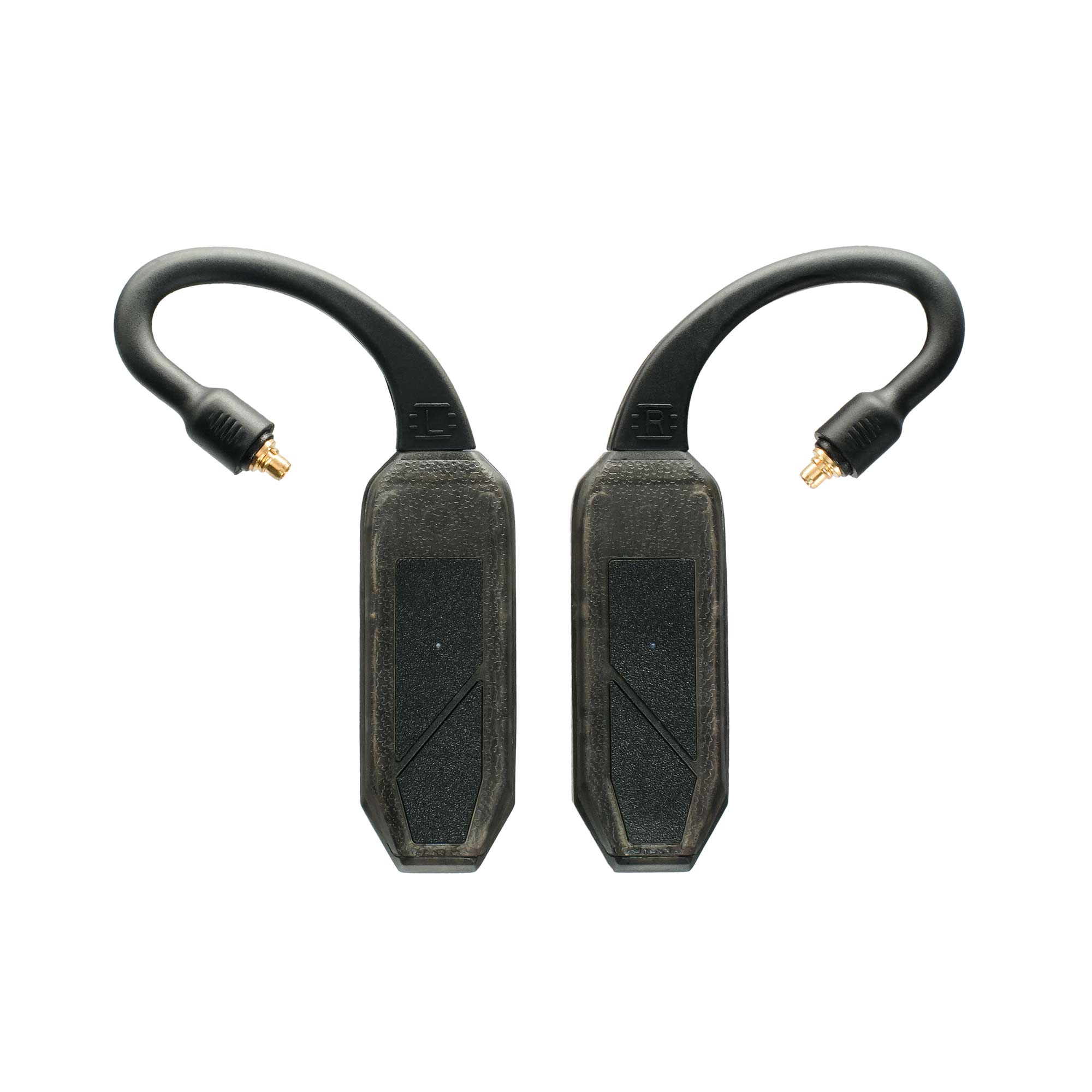 iFi Audio GO Pod Air Wearable Bluetooth DAC/Amp showing left and right units with curved black connectors on white background