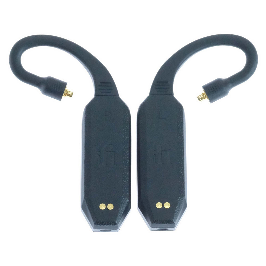 Pair of black iFi Audio GO Pod Wearable Bluetooth DAC/Amps with gold pins and flexible ear hooks on white background