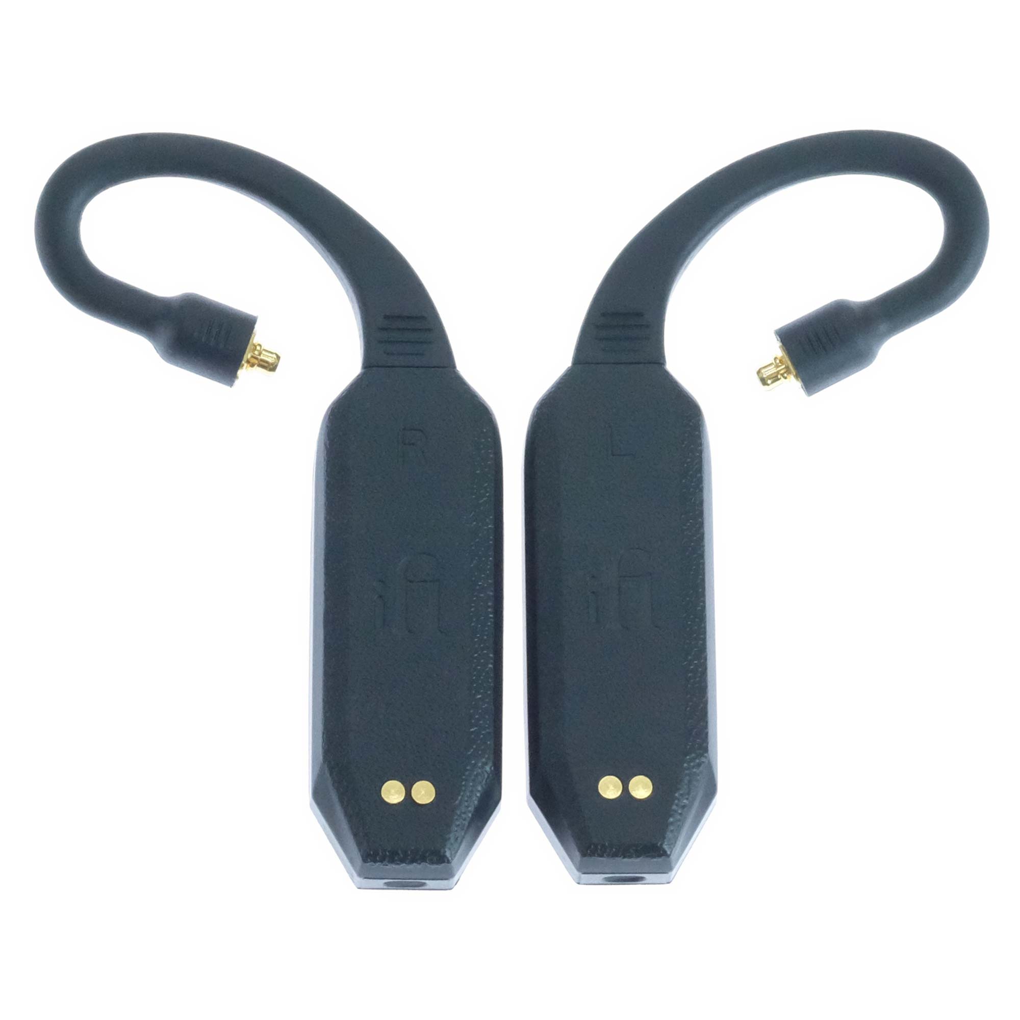 Pair of black iFi Audio GO Pod Wearable Bluetooth DAC/Amps with gold pins and flexible ear hooks on white background