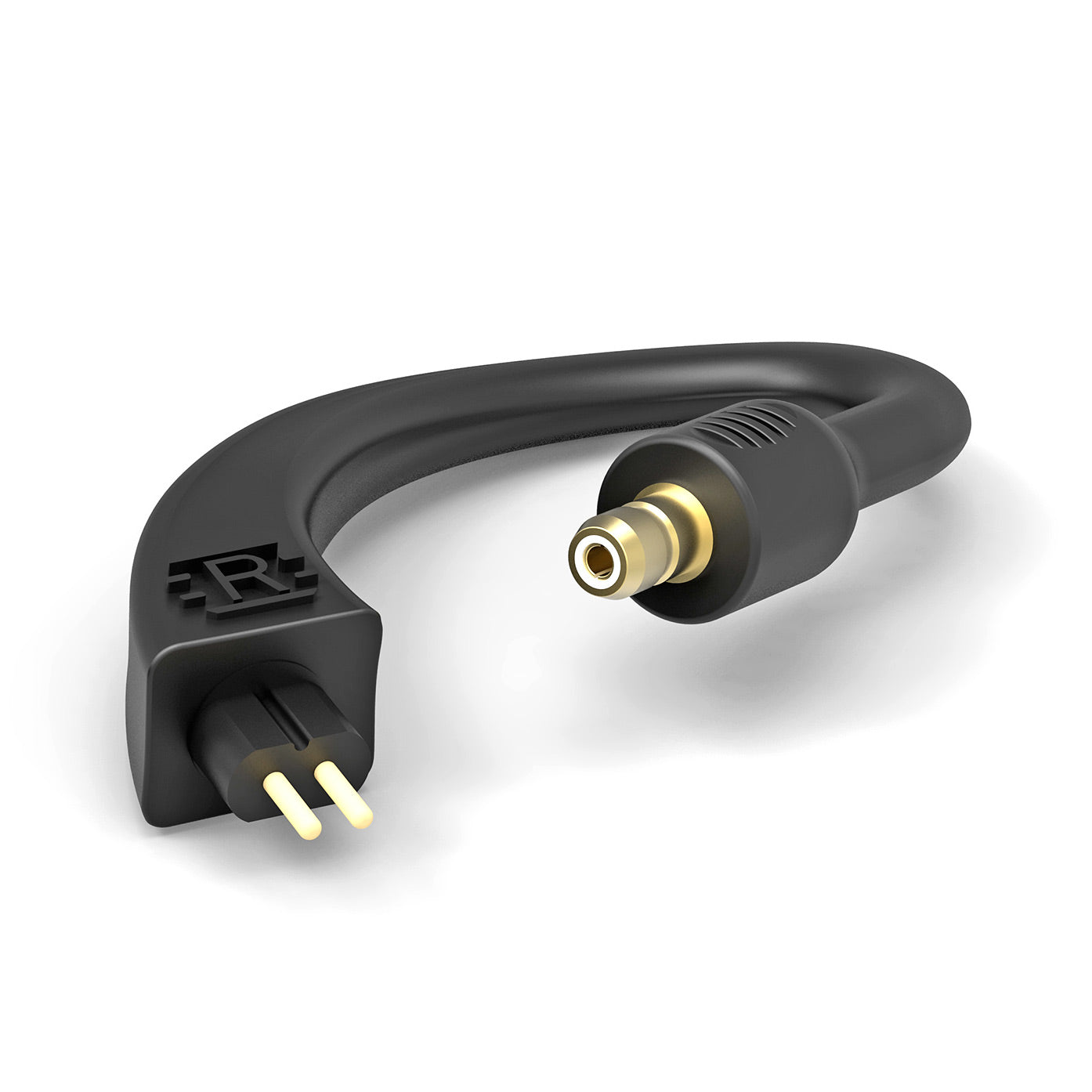 Close-up of iFi Audio GO Pod Additional Ear Loops (Pair) with 2-pin connector and gold-plated MMCX plug on white background