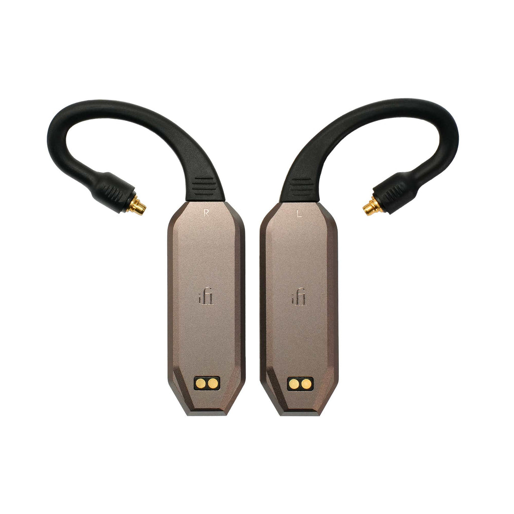 iFi Audio GO Pod MAX Wearable Bluetooth DAC/Amp with black detachable cables and gold connectors on white background