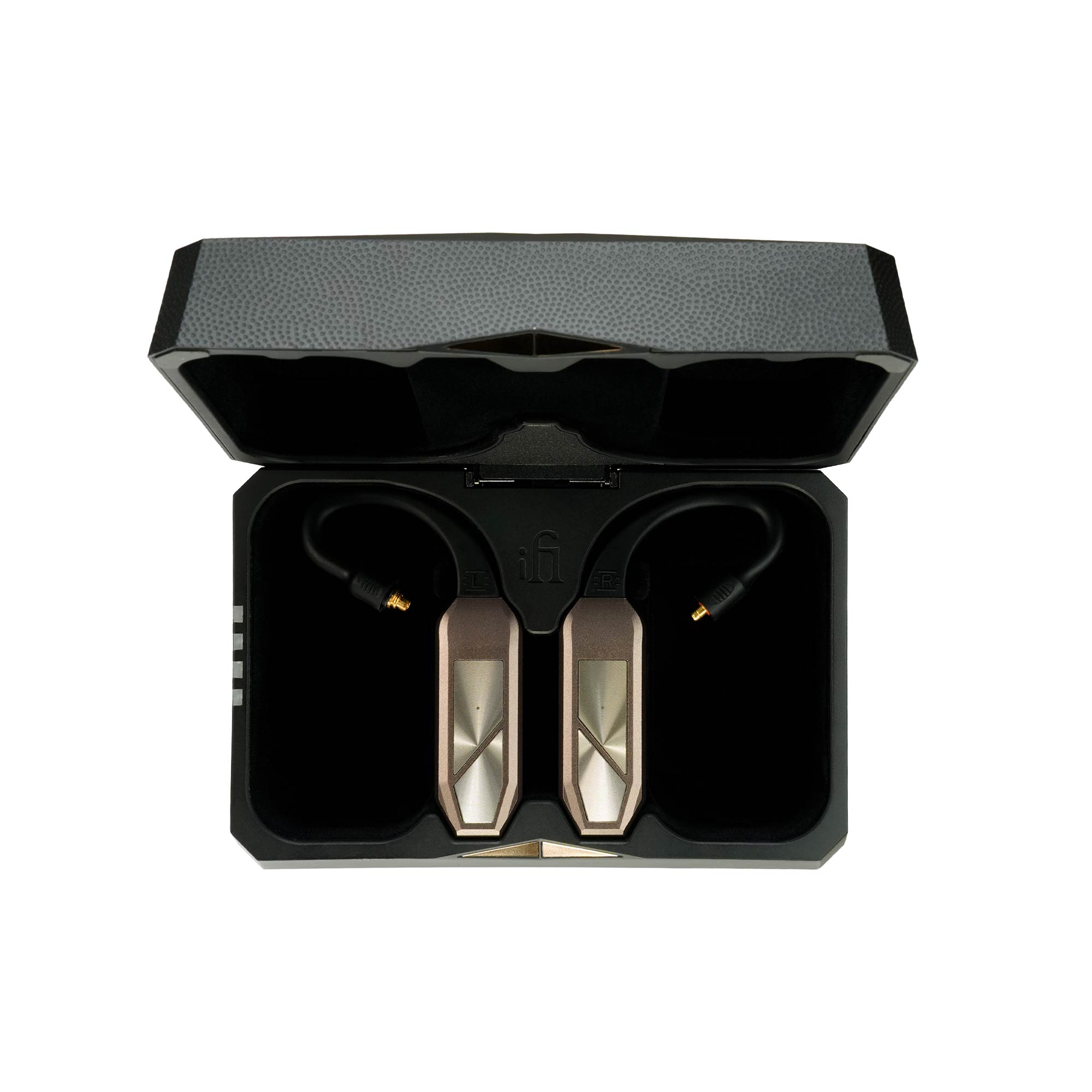 iFi Audio GO Pod MAX Wearable Bluetooth DAC/Amp in open black carrying case with gold connector cables visible