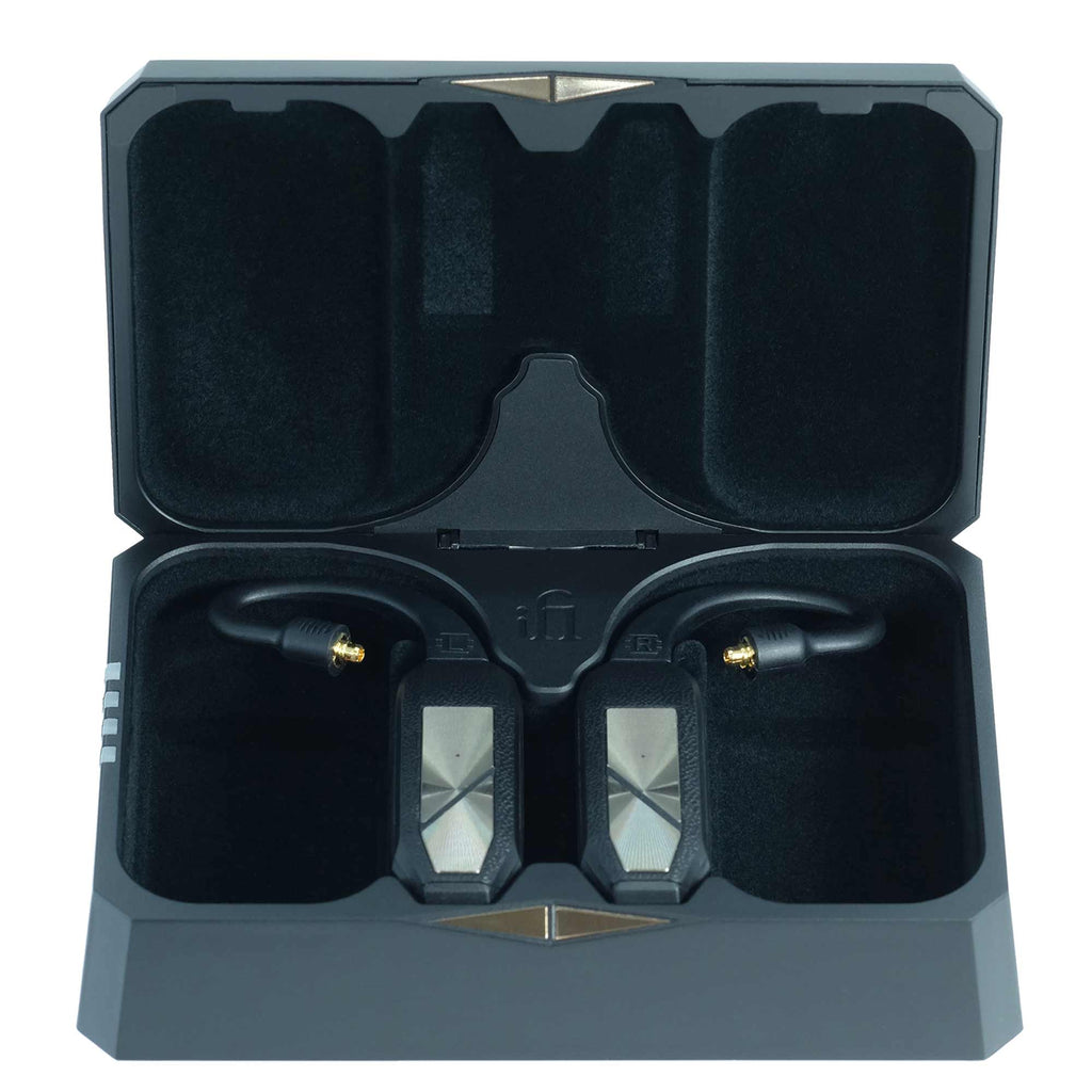 iFi Audio GO Pod Wearable Bluetooth DAC/Amp in charging case with gold connector cables and soft black interior lining