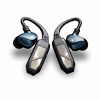 iFi Audio GO Pod Wearable Bluetooth DAC/Amp with ergonomic ear hooks and sleek black and blue design on white background