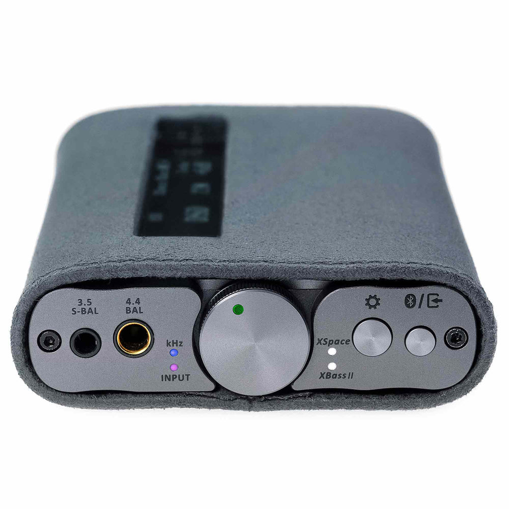 Front view of iFi Audio xDSD Gryphon Case fitted on a Bluetooth DAC/amp showing control buttons and input jacks