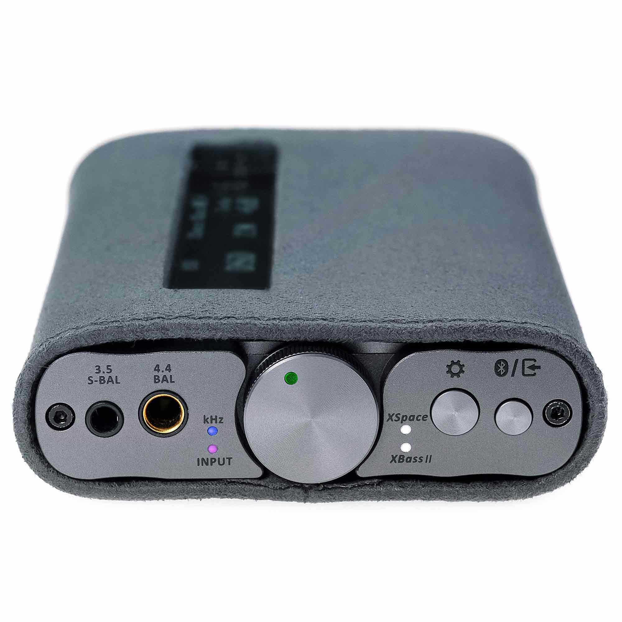 Front view of iFi Audio xDSD Gryphon Case fitted on a Bluetooth DAC/amp showing control buttons and input jacks