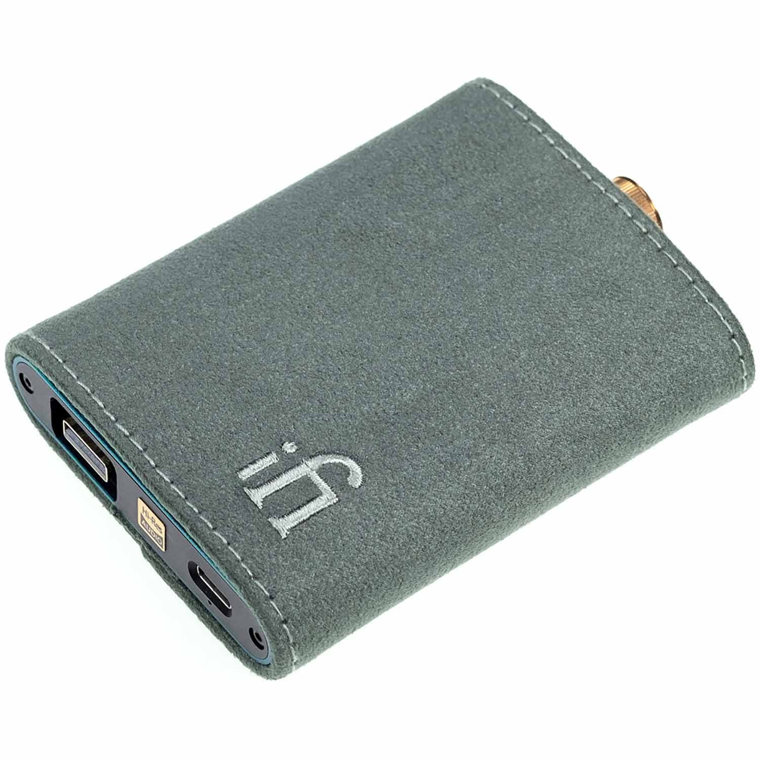 iFi Audio Hip Case for Hip-DAC Series in gray suede finish protecting the compact DAC device on a white background
