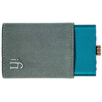 iFi Audio Hip Case for Hip-DAC Series in gray suede partially covering blue Hip-DAC device on white background
