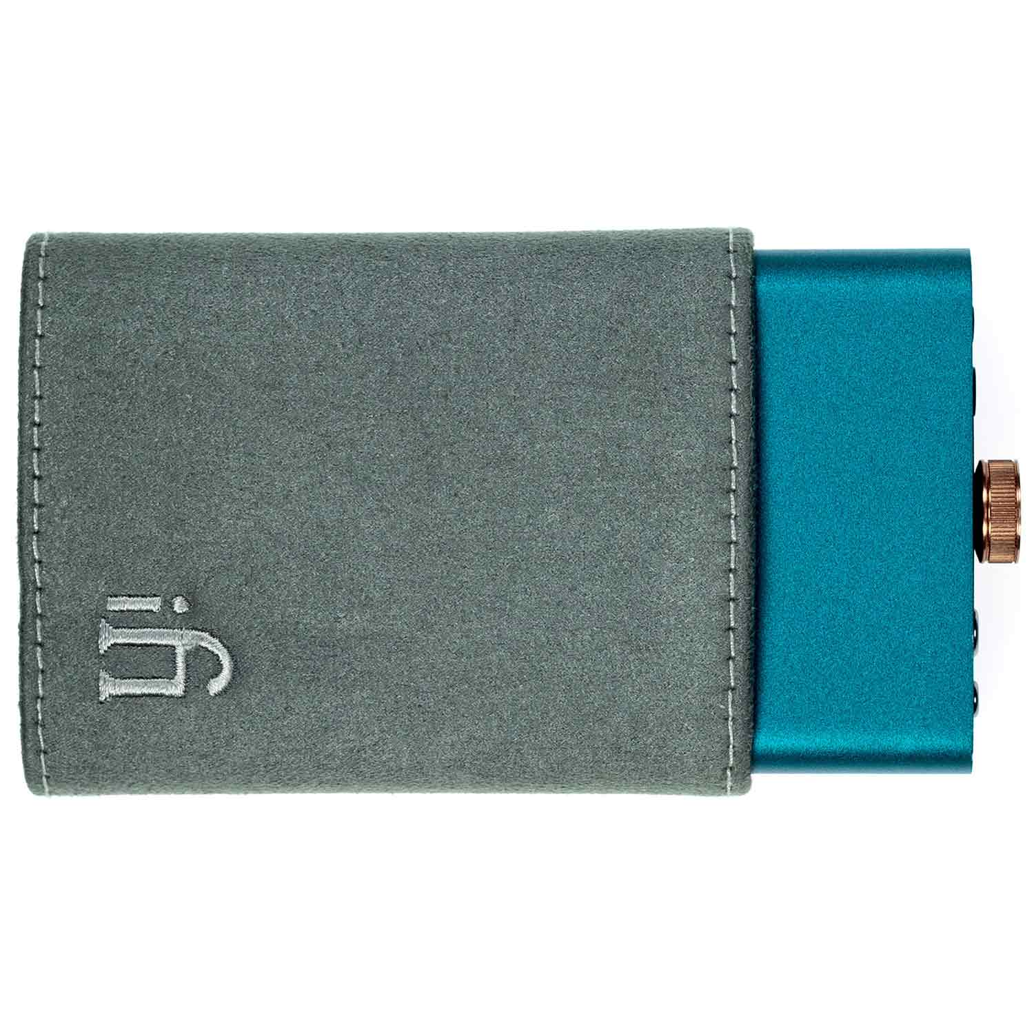 iFi Audio Hip Case for Hip-DAC Series in gray suede partially covering blue Hip-DAC device on white background