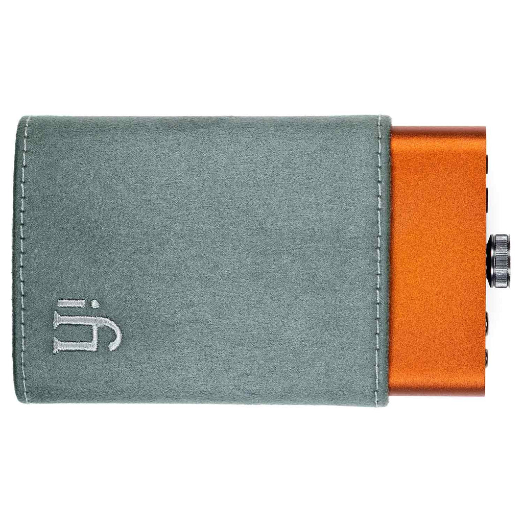 Top view of iFi Audio Hip Case for Hip-DAC Series in grey fabric partially covering an orange Hip-DAC device