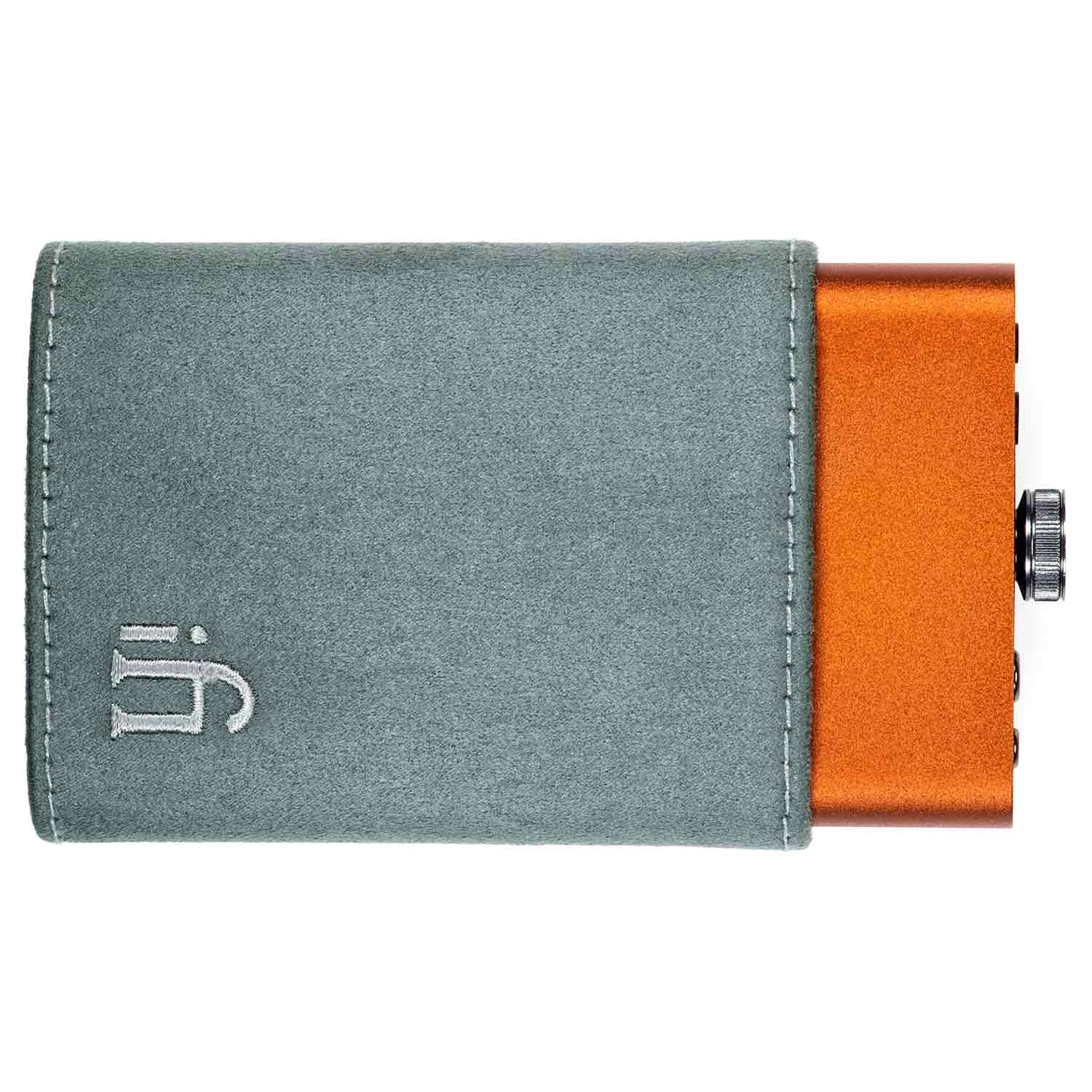 Top view of iFi Audio Hip Case for Hip-DAC Series in grey fabric partially covering an orange Hip-DAC device