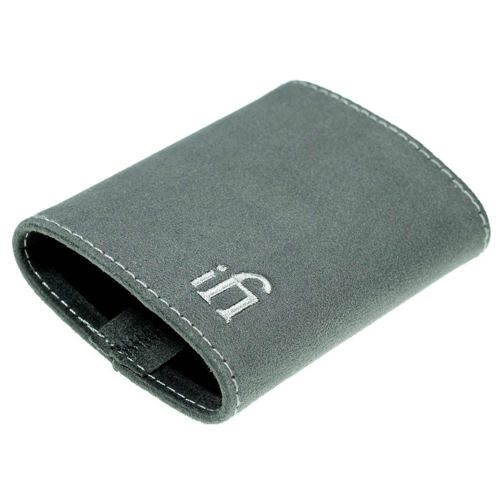 Soft grey iFi Audio Hip Case for Hip-DAC Series with contrast stitching and embroidered logo on white background