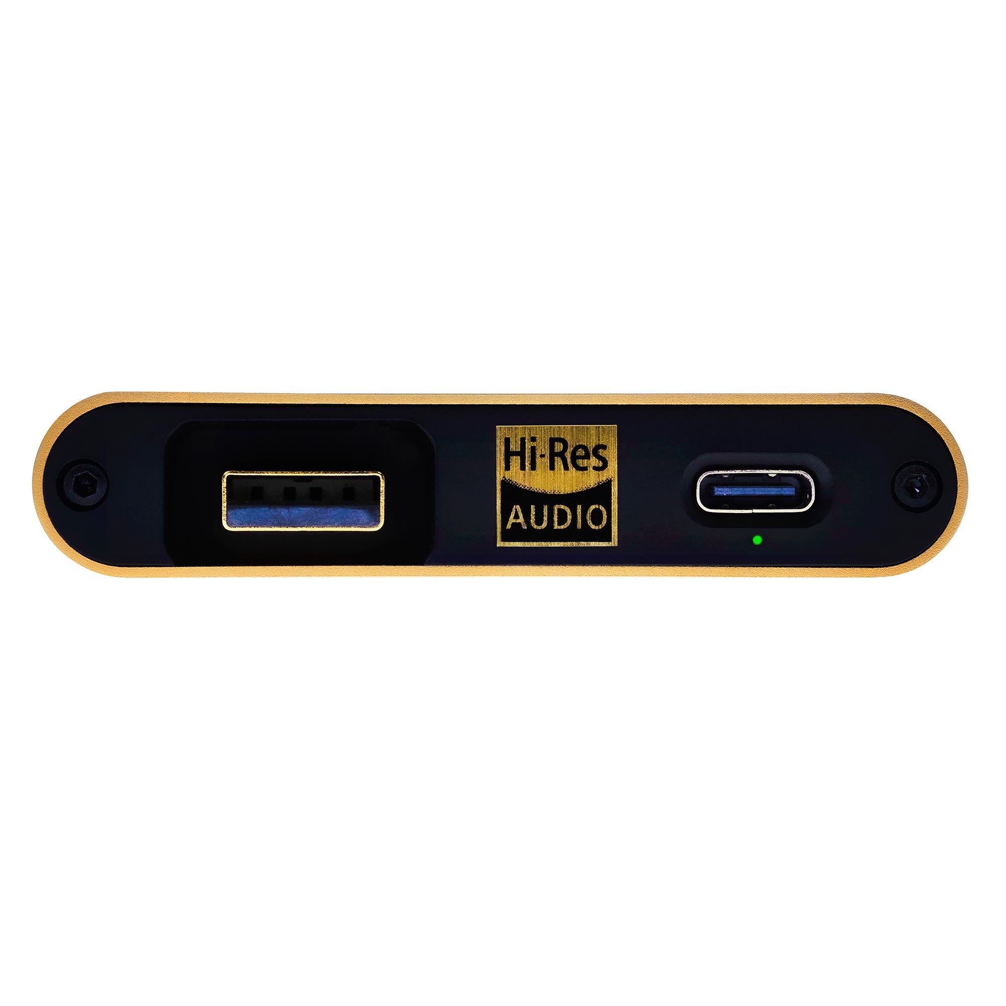 Close-up of iFi Audio hip-dac2 Gold Edition Portable USB DAC/Amp showing USB ports and Hi-Res Audio logo on gold case