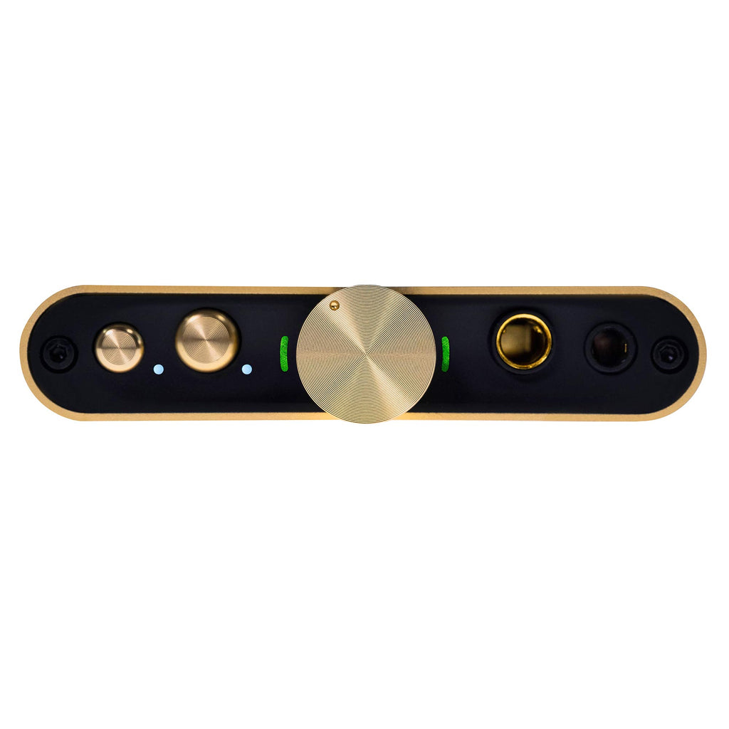 Top view of the iFi Audio hip-dac2 Gold Edition Portable USB DAC/Amp with gold volume dial and input ports on white background