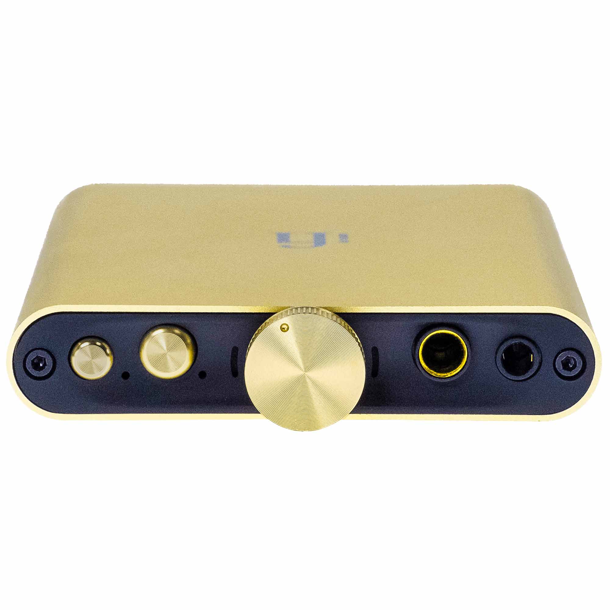 iFi Audio hip-dac2 Gold Edition Portable USB DAC/Amp with gold aluminum casing and front control knobs on white background