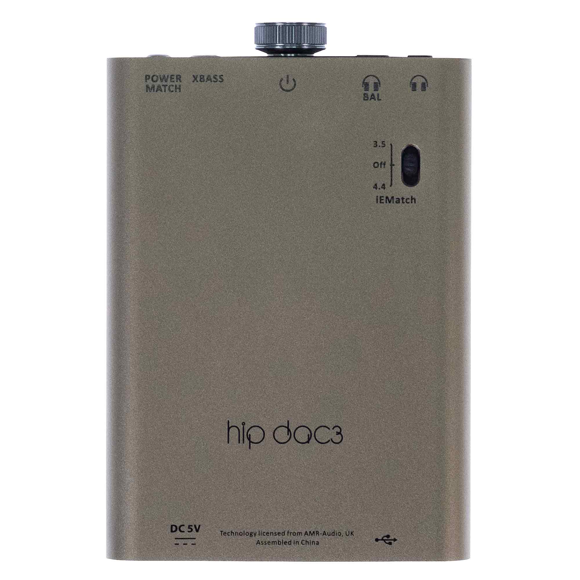 iFi Audio hip-dac3 Portable USB DAC/Amp in titanium shadow with volume knob and multiple input options visible