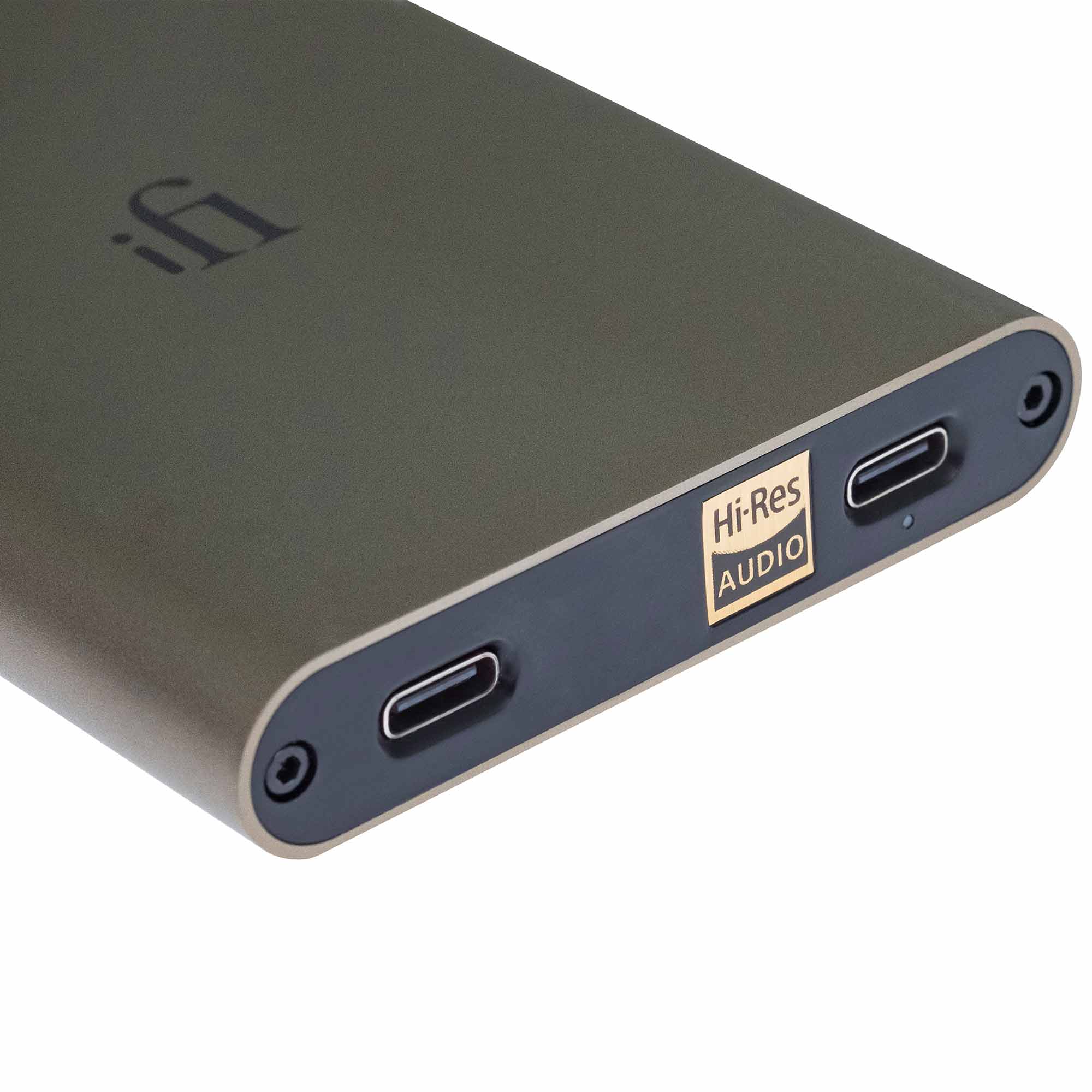 Close-up of iFi Audio hip-dac3 Portable USB DAC/Amp showing USB-C ports and Hi-Res Audio logo on titanium body
