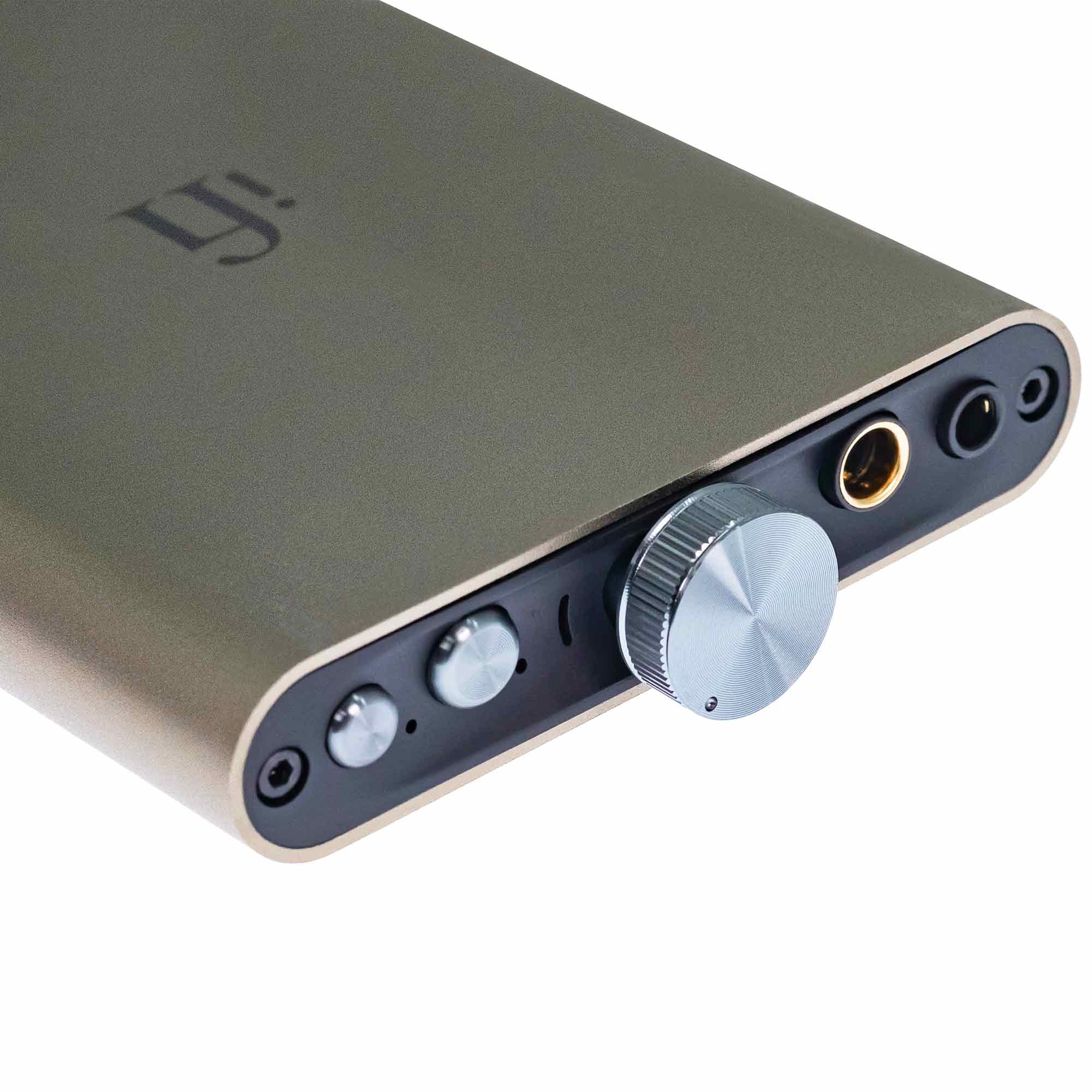 Close-up of the iFi Audio hip-dac3 Portable USB DAC/Amp with volume knob and headphone jacks in titanium shadow finish