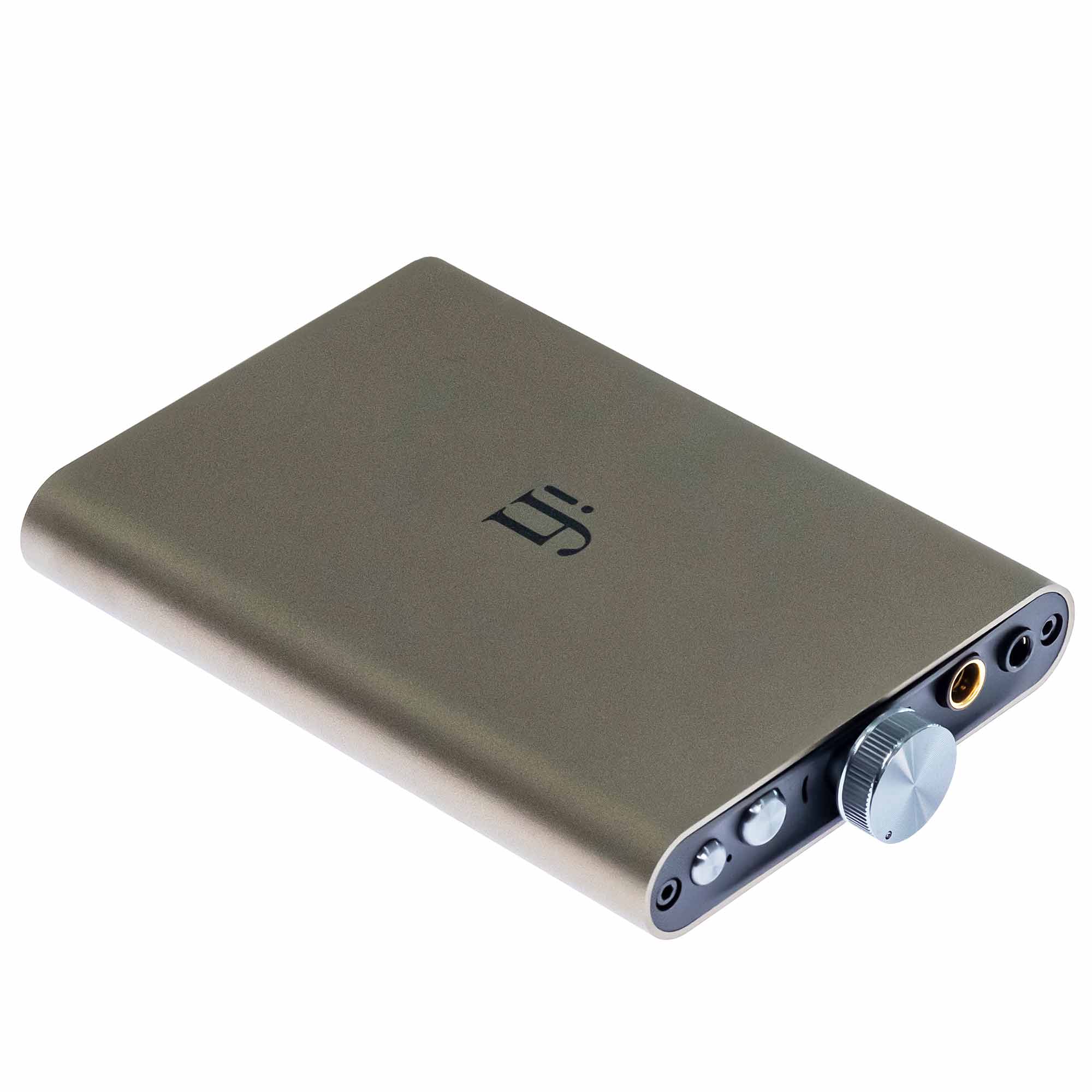 iFi Audio hip-dac3 Portable USB DAC/Amp in titanium with volume knob and headphone jacks on white background