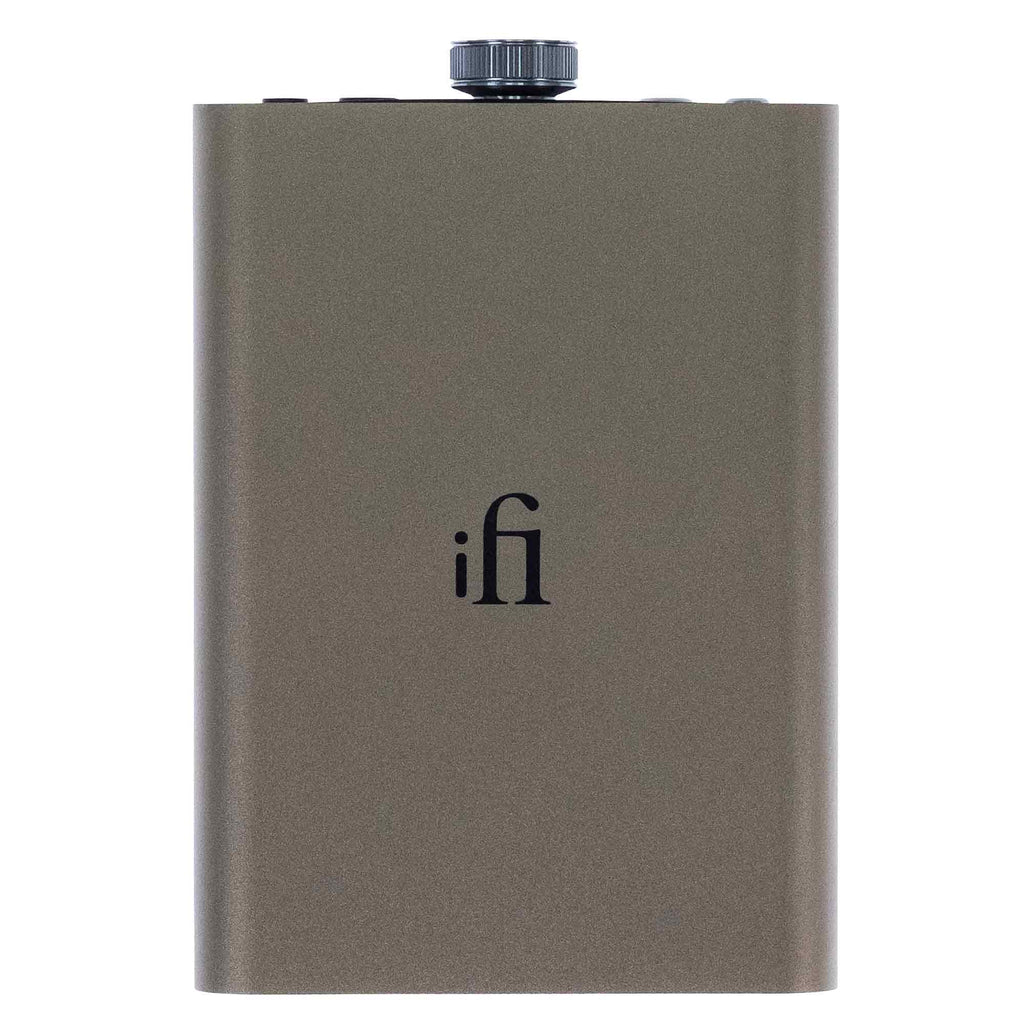 iFi Audio hip-dac3 Portable USB DAC/Amp in titanium shadow with volume knob and minimalist design on white background