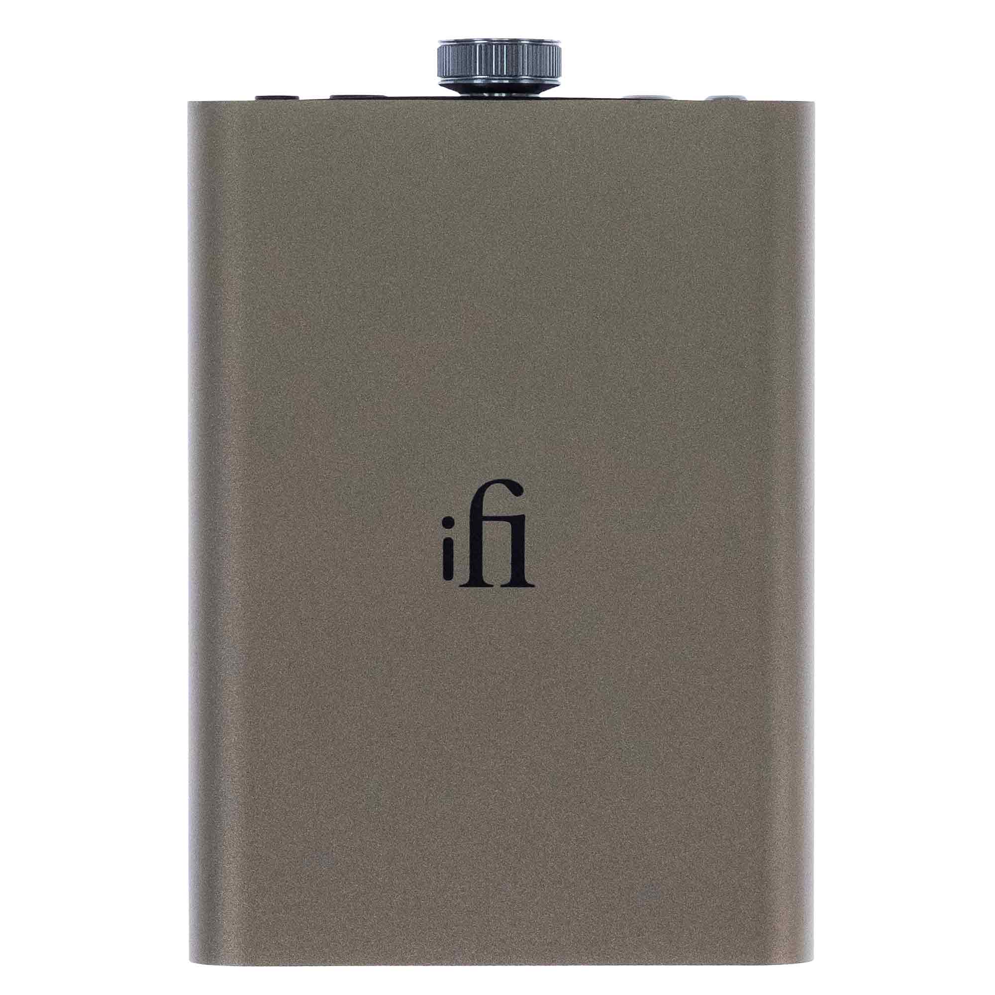 iFi Audio hip-dac3 Portable USB DAC/Amp in titanium shadow with volume knob and minimalist design on white background