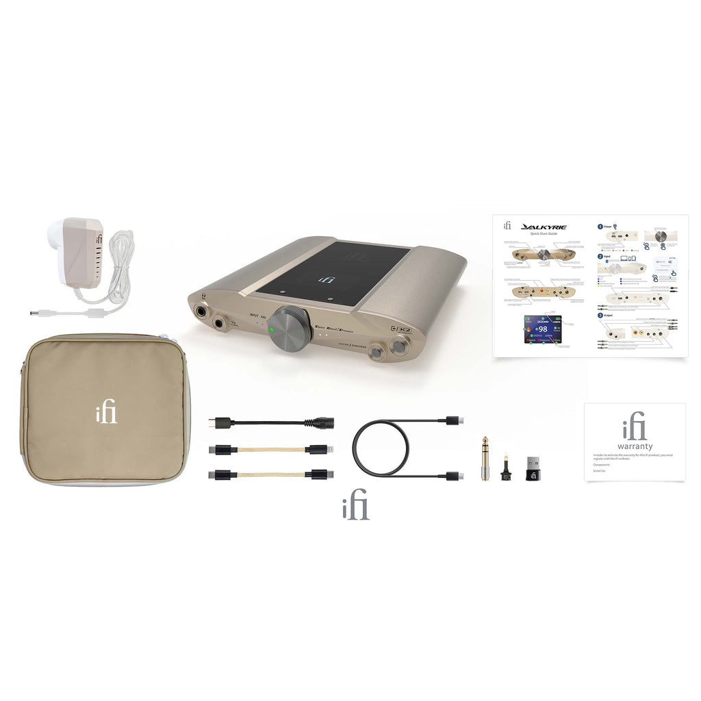 iFi Audio iDSD Valkyrie DAC and Headphone Amp with power adapter, cables, carrying case, and user manuals laid out on white background