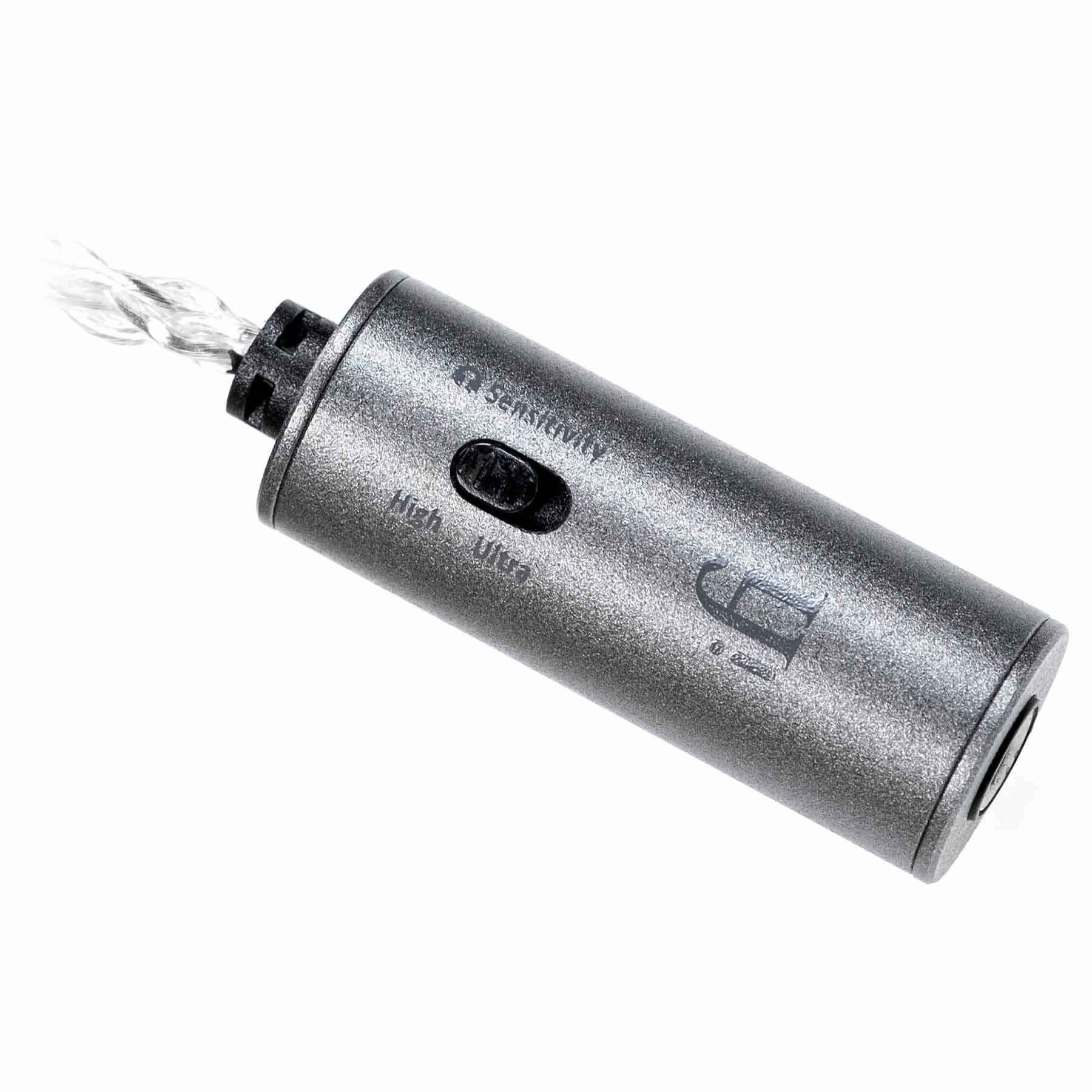 The iFi Audio iEMatch4.4 by iFi Audio is a metallic cylindrical device with a sensitivity switch (High/Ultra), built-in iEMatch4.4 tech for balanced listening, an attached cord, and an S logo on the side.