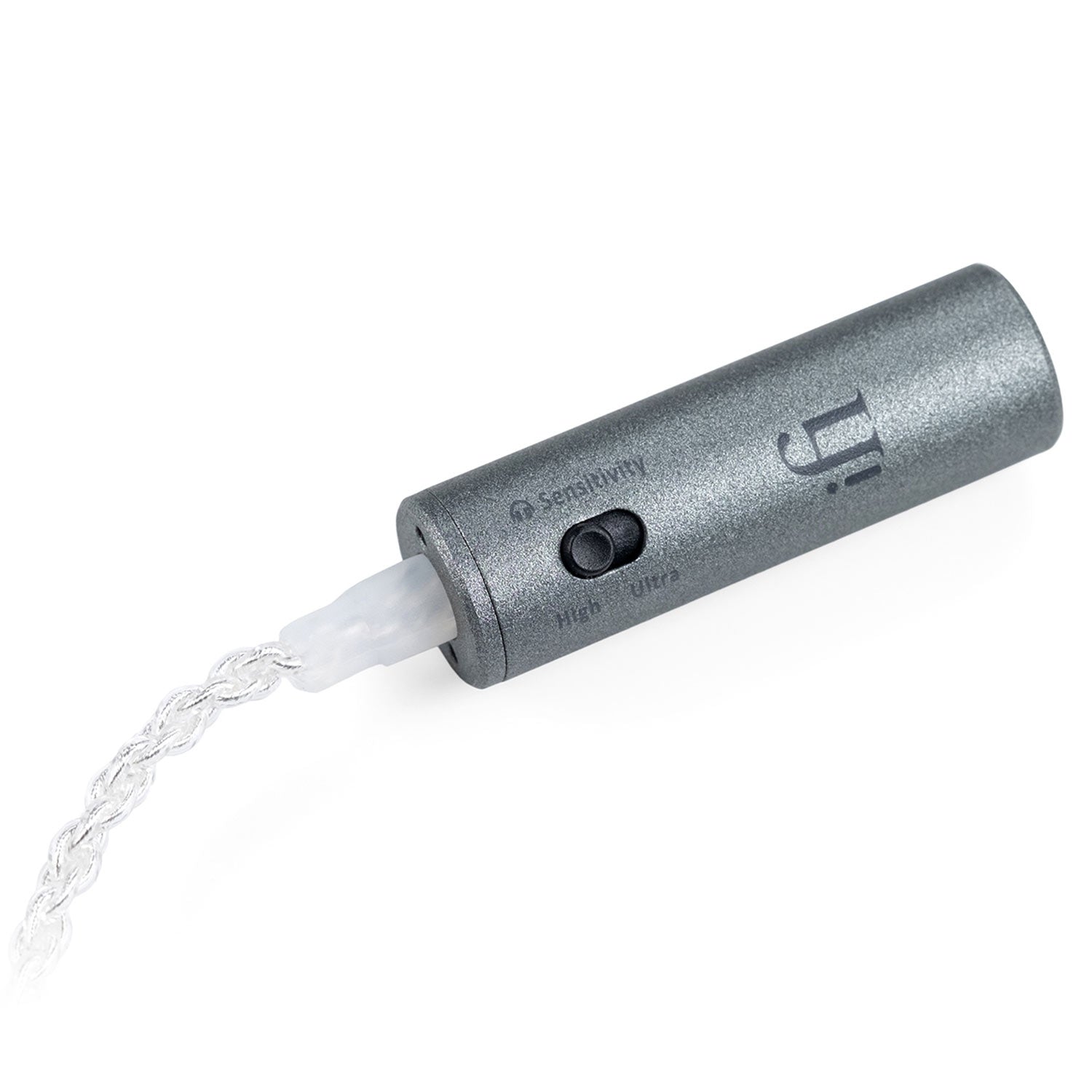 iFi Audio iEMatch+ Earphone Sensitivity Matching Device with switch and silver braided cable on white background